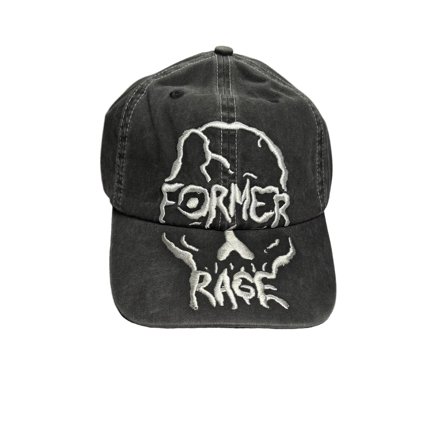 A washed black baseball cap featuring a white embroidered skull design with the words 'FORMER RAGE' on the front, displayed on a white surface.