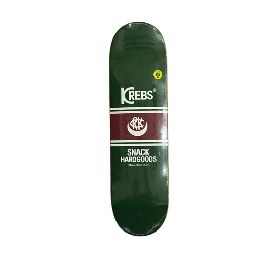 A green skateboard deck with a burgundy and white center stripe featuring the Krebs logo and 'SNACK HARDGOODS' text, placed on a white surface.