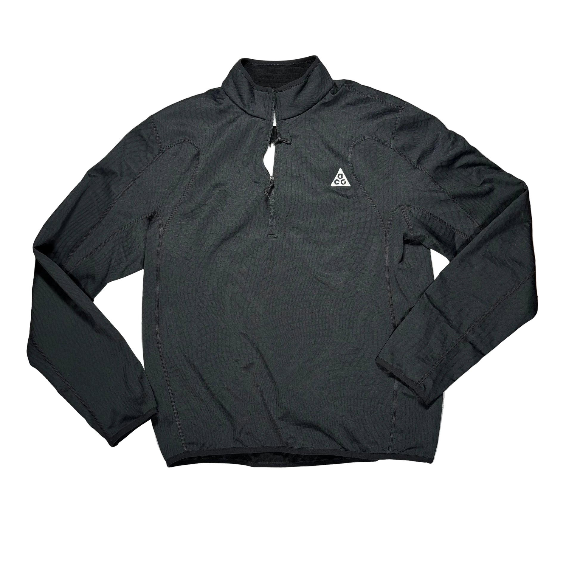 A black long-sleeve quarter-zip pullover laid flat on a white surface, with a small white geometric triangle ACG logo on the left chest.