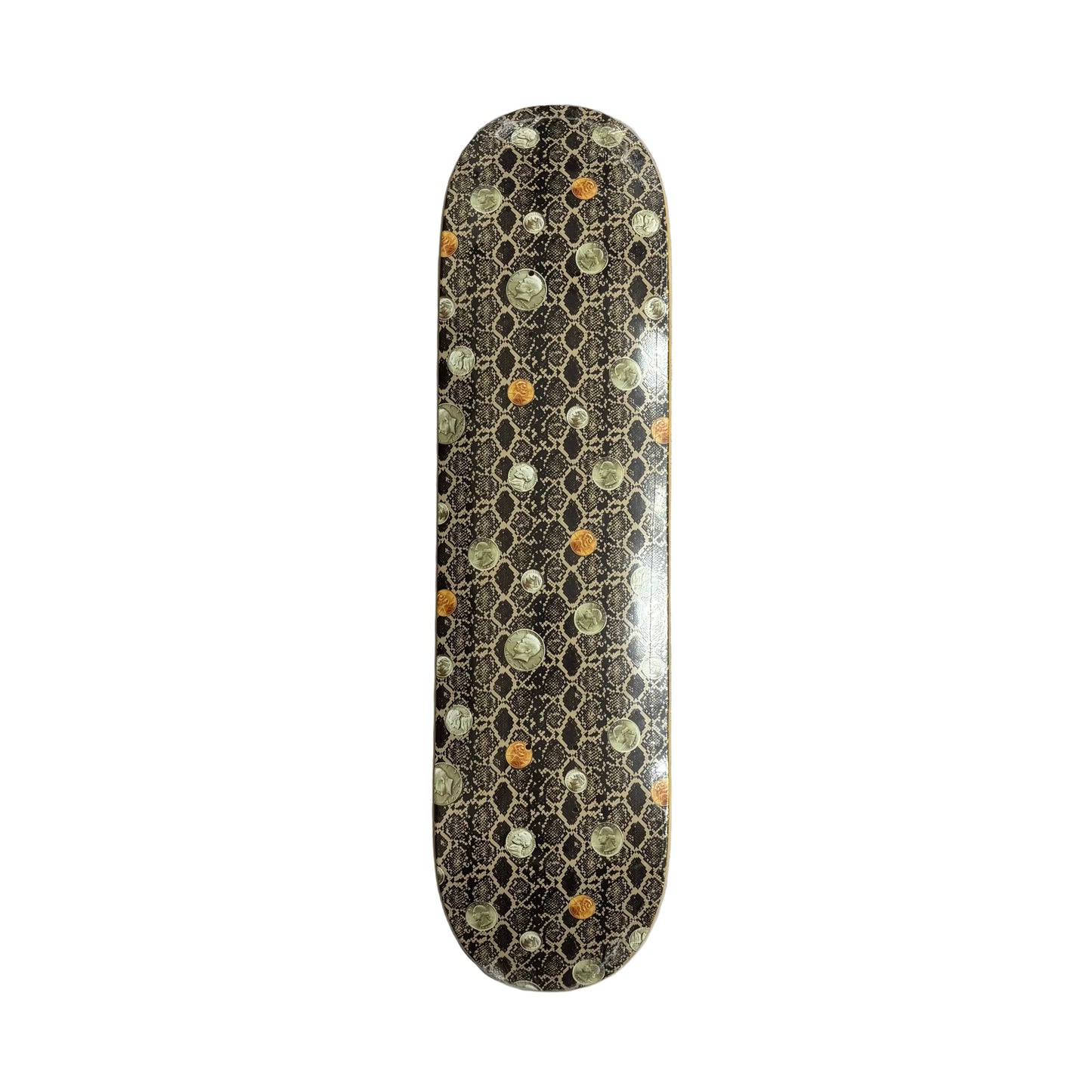 A skateboard deck with a dark brown and black honeycomb pattern with coins, and colorful circular spots in orange, green, and white, resting on a white background