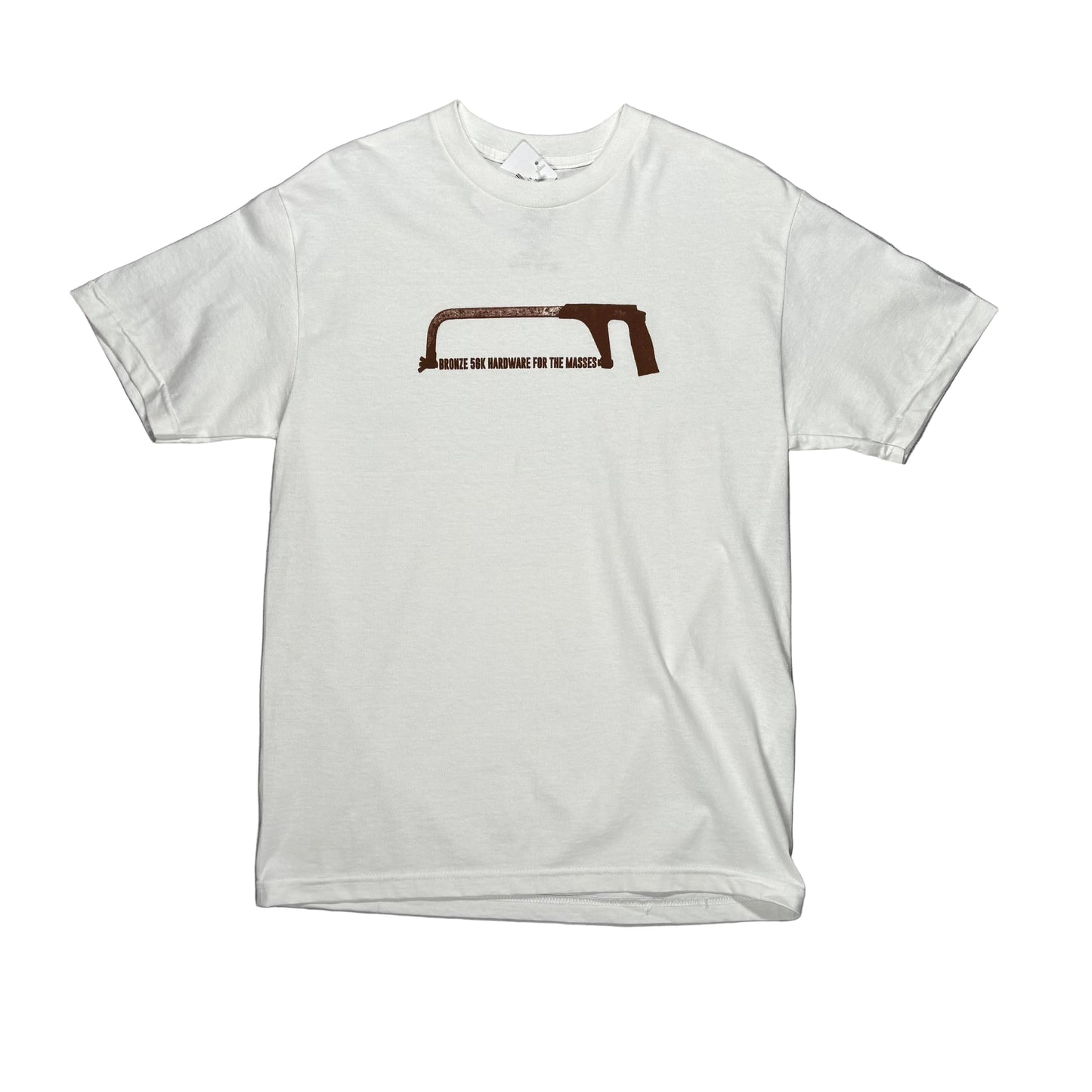 A white short-sleeve t-shirt laid flat on a white surface, featuring a bronze color hack saw
