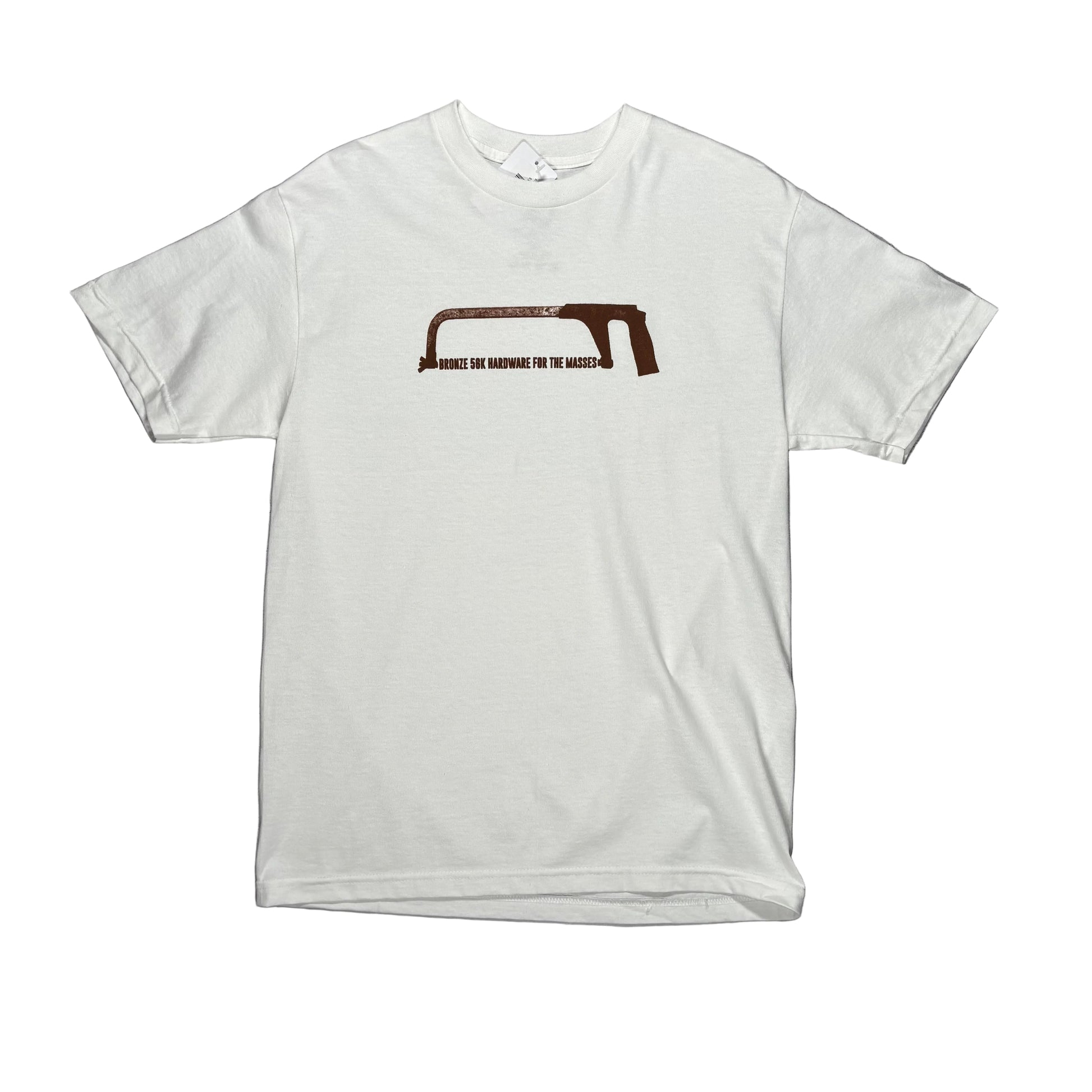 A white short-sleeve t-shirt laid flat on a white surface, featuring a bronze color hack saw