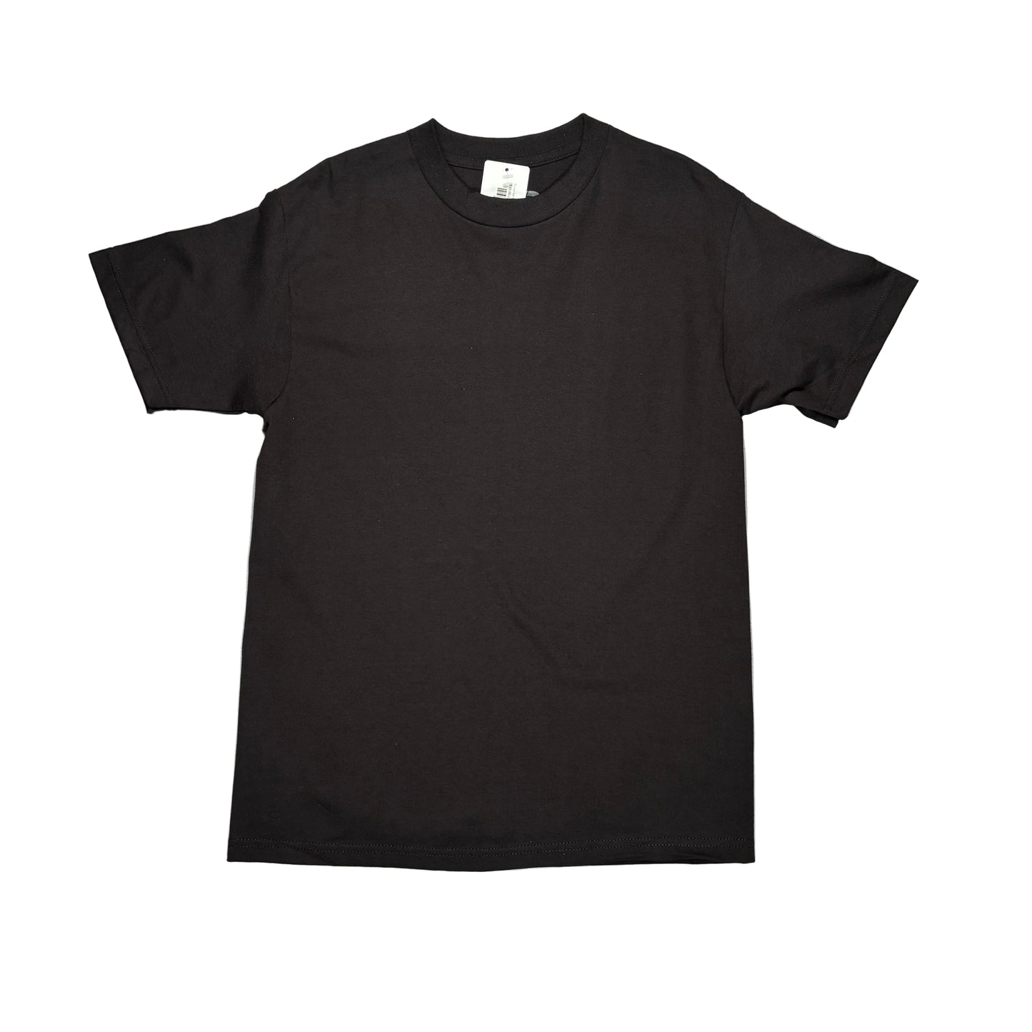 A plain black short-sleeve crewneck t-shirt laid flat on a white surface