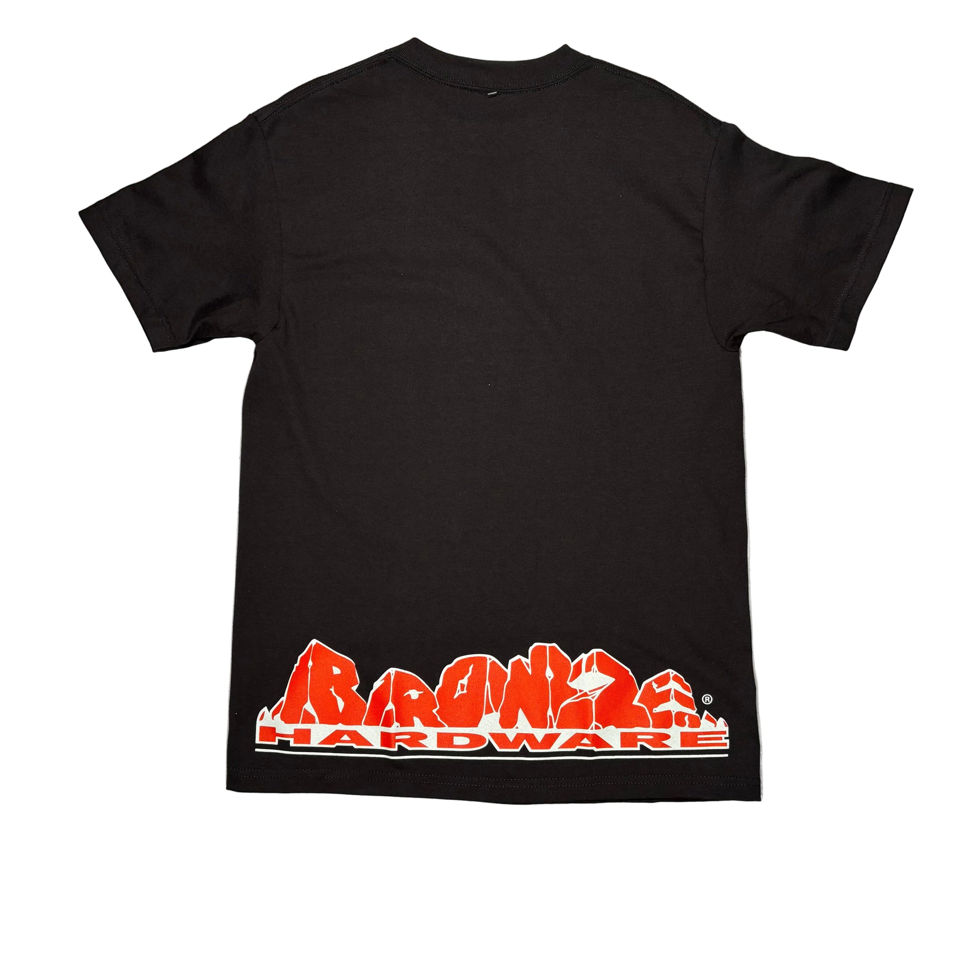 A black short-sleeve t-shirt laid flat on a white surface, shot from behind, featuring a red and white 'Bronze Hardware' logo graphic across the lower hem.
