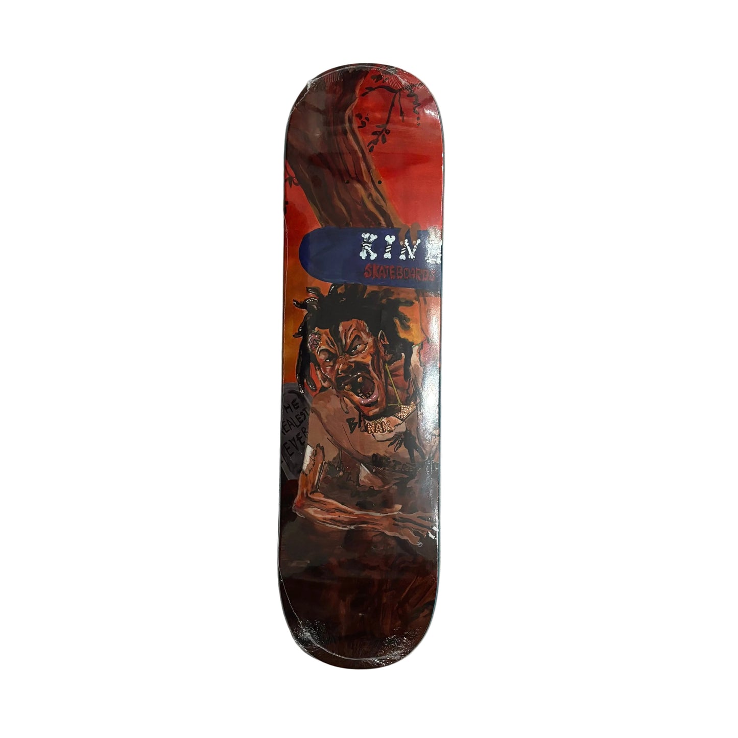 A skateboard deck featuring a graphic illustration of a screaming zombie-like figure in red, orange, and black tones, with a blue banner containing the text 'KING'  The deck is photographed flat on a white surface