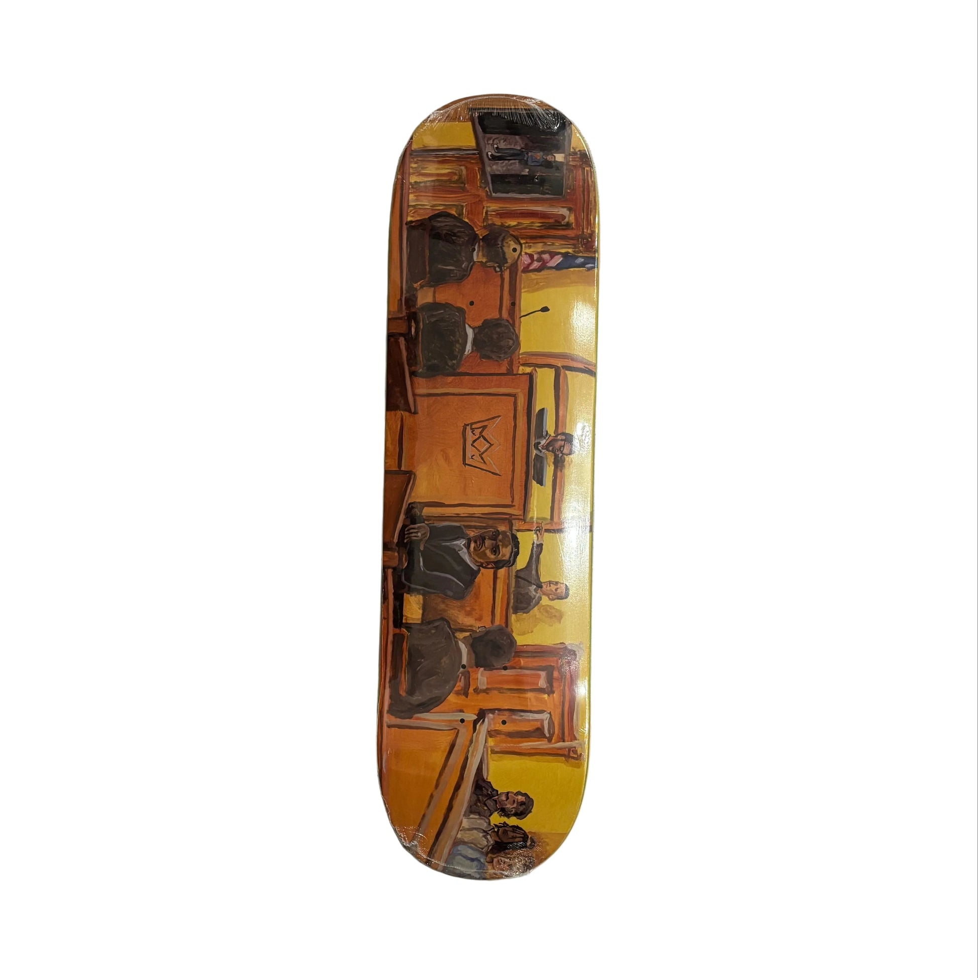 A skateboard deck with a detailed courtroom illustration printed on it, displayed vertically on a white surface.