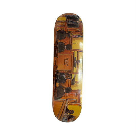 A skateboard deck with a detailed courtroom illustration printed on it, displayed vertically on a white surface.