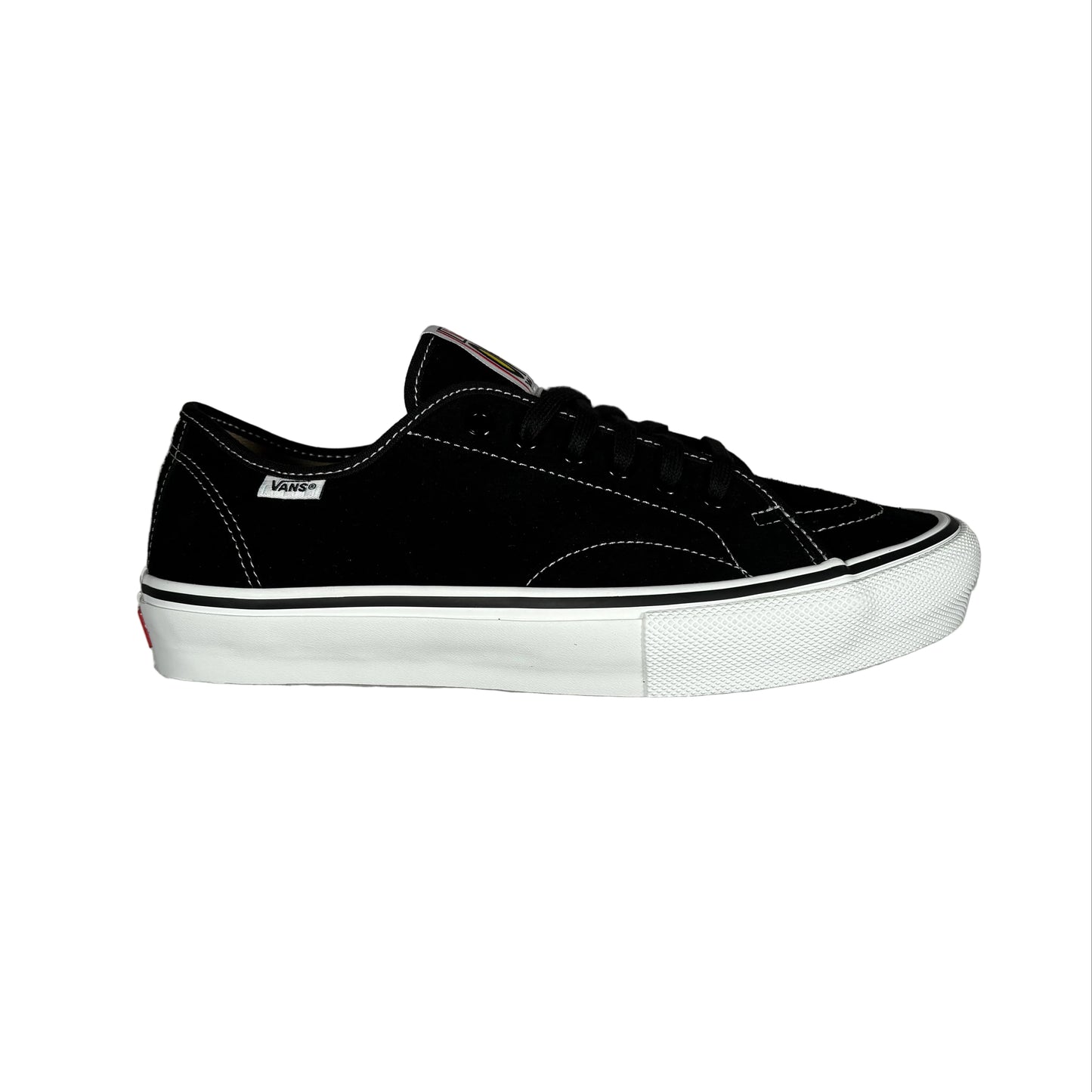 A black suede low-top sneaker with a white rubber sole, photographed from the side against a white background.