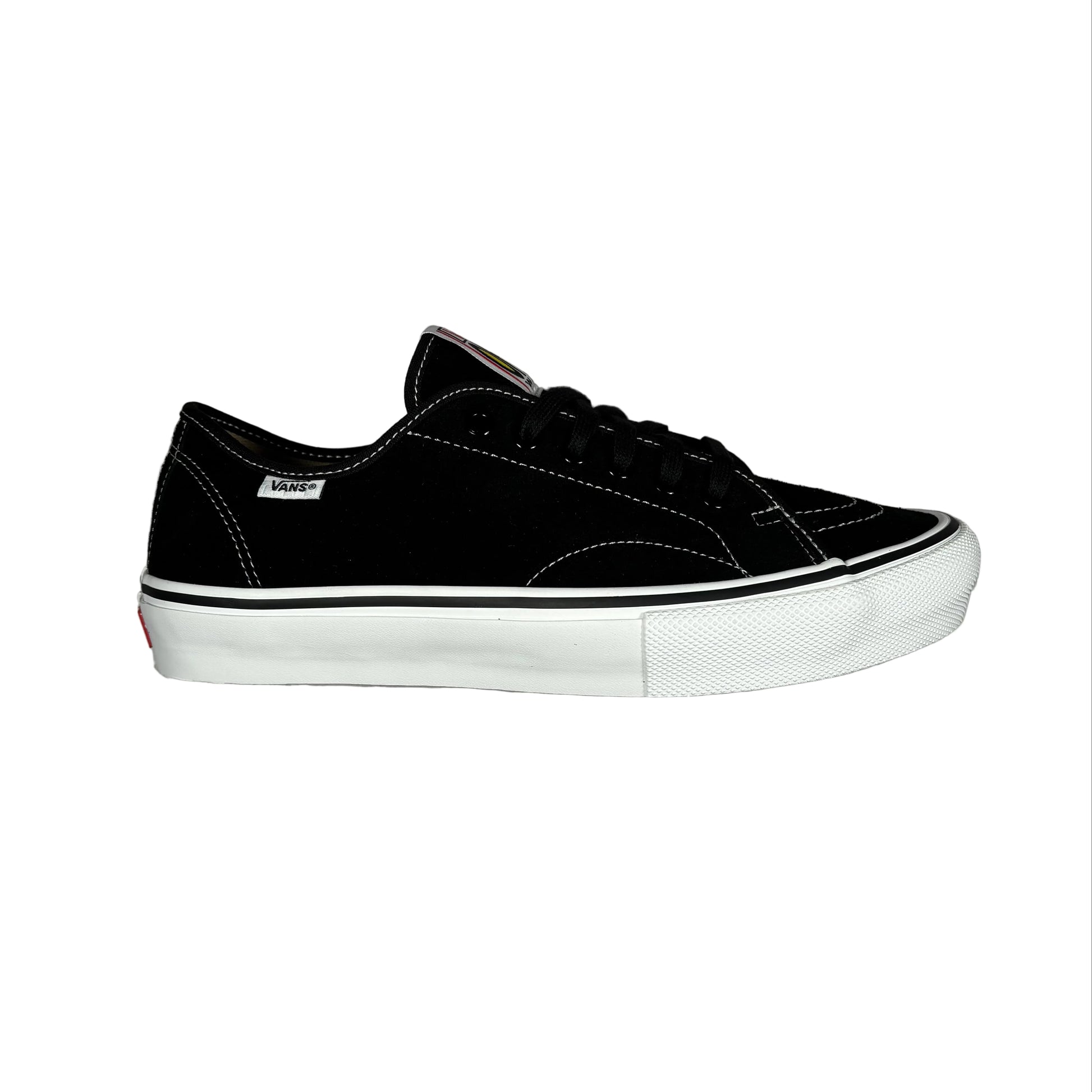 A black suede low-top sneaker with a white rubber sole, photographed from the side against a white background.