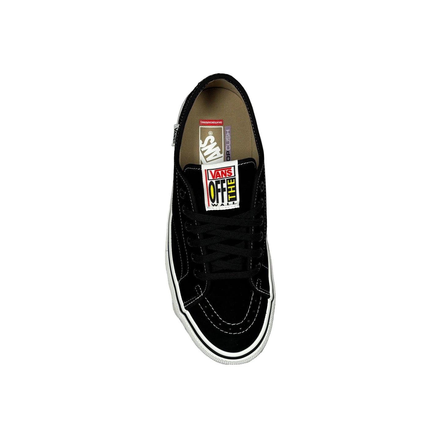 A single black Vans sneaker with a white sole, shown from a top-down view on a white background. The shoe features a white Vans Off-White label on the tongue.