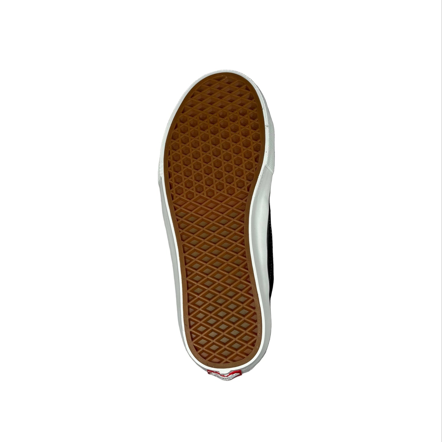 A top-down view of a single shoe sole, showing a brown waffle-patterned rubber outsole and a white sidewall, set against a white background.