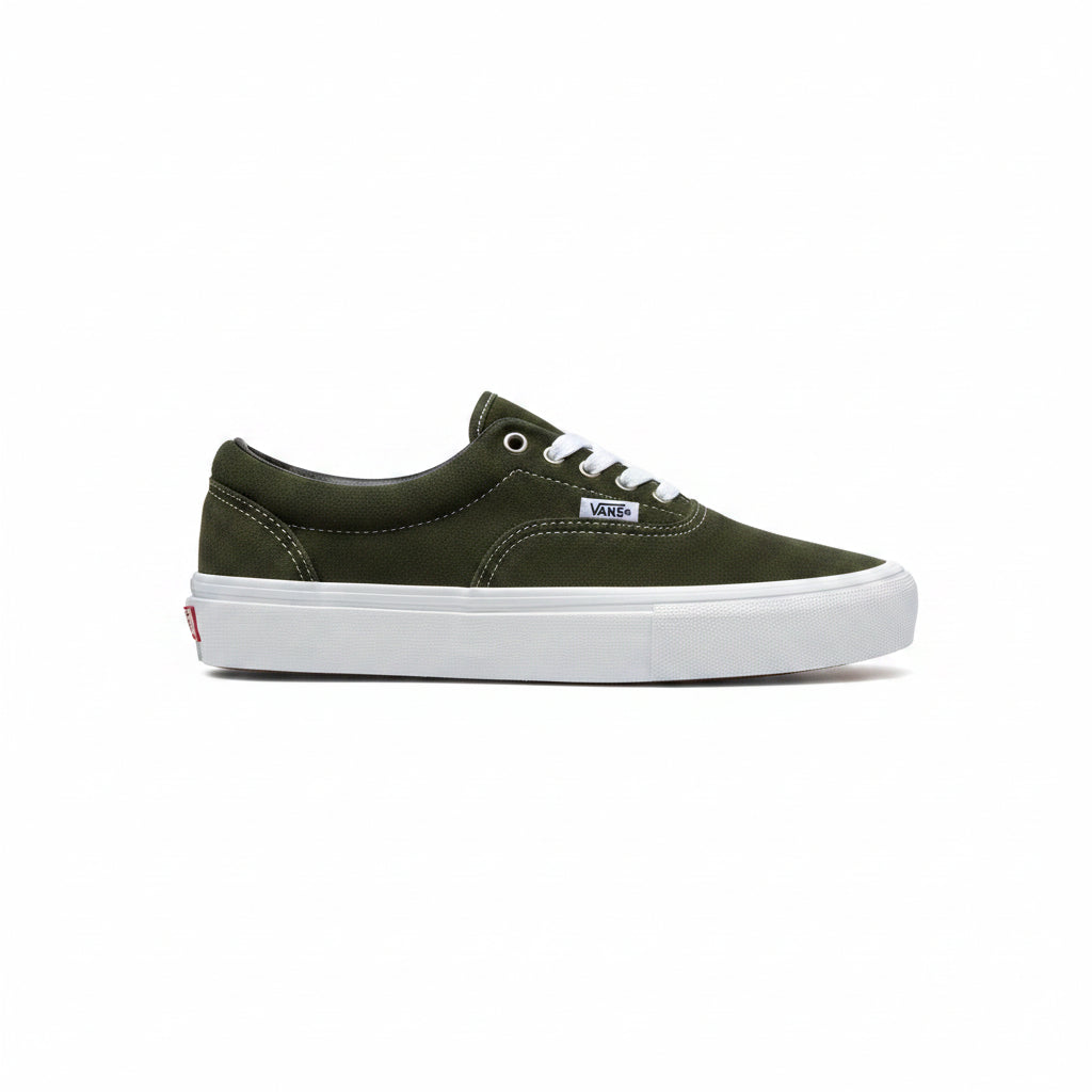 A single Vans era sneaker in dark olive green suede with a thick white platform sole, shown from the side against a white background.