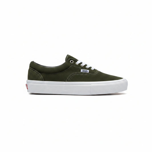 A single Vans era sneaker in dark olive green suede with a thick white platform sole, shown from the side against a white background.