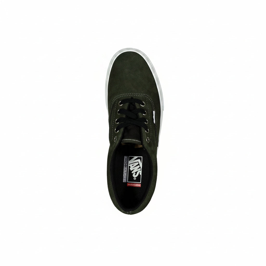 A single Vans sneaker in dark olive green suede with a white  ole, shown from a top-down view on a white background.