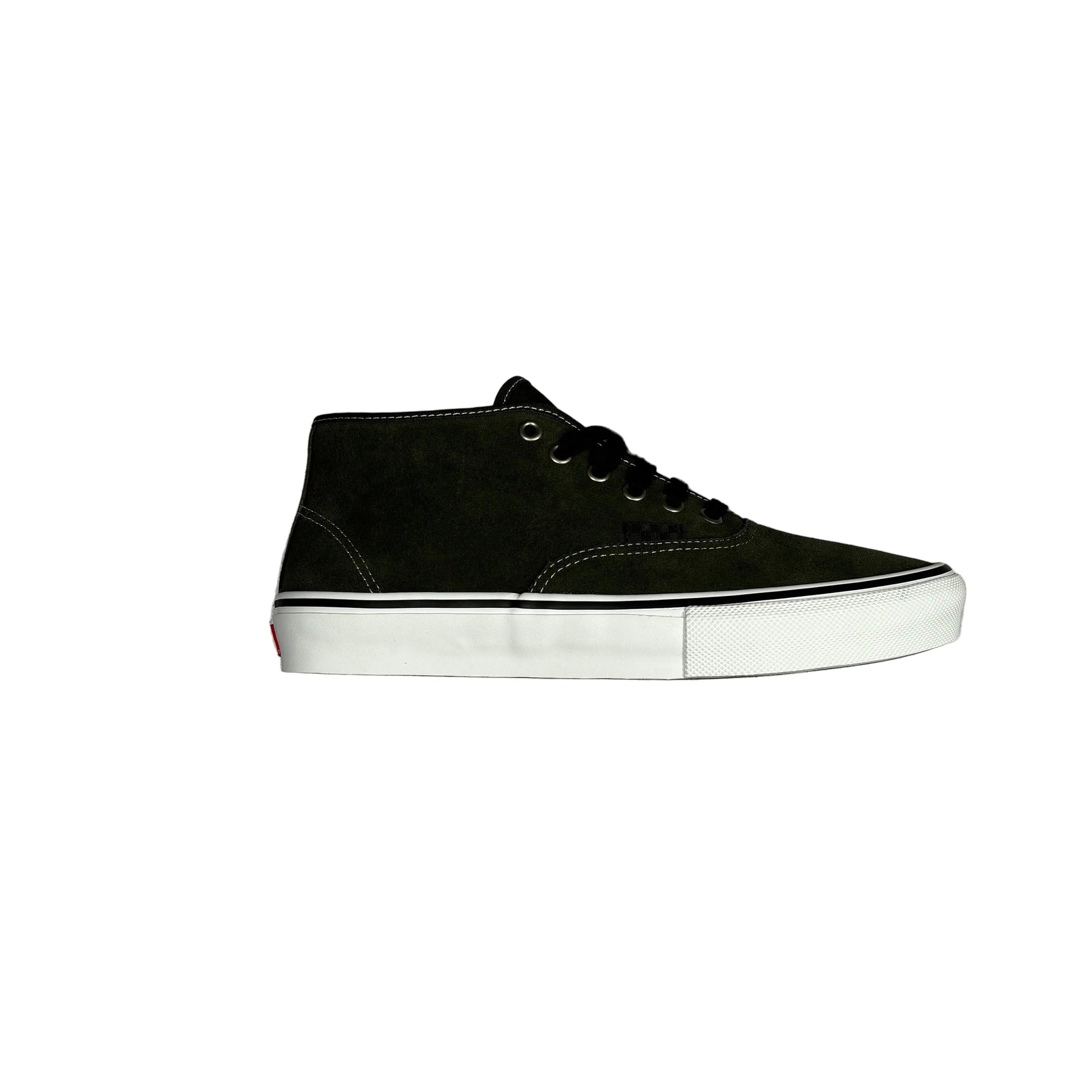 A single high-top sneaker in dark olive suede with a white sole, shown from a side profile view on a white background.