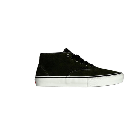 A single high-top sneaker in dark olive suede with a white sole, shown from a side profile view on a white background.