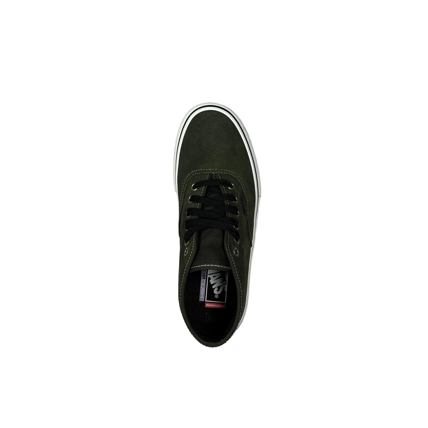 An olive green suede mid-top sneaker with black laces and a white rubber sole, shown from a top-down perspective on a white surface.