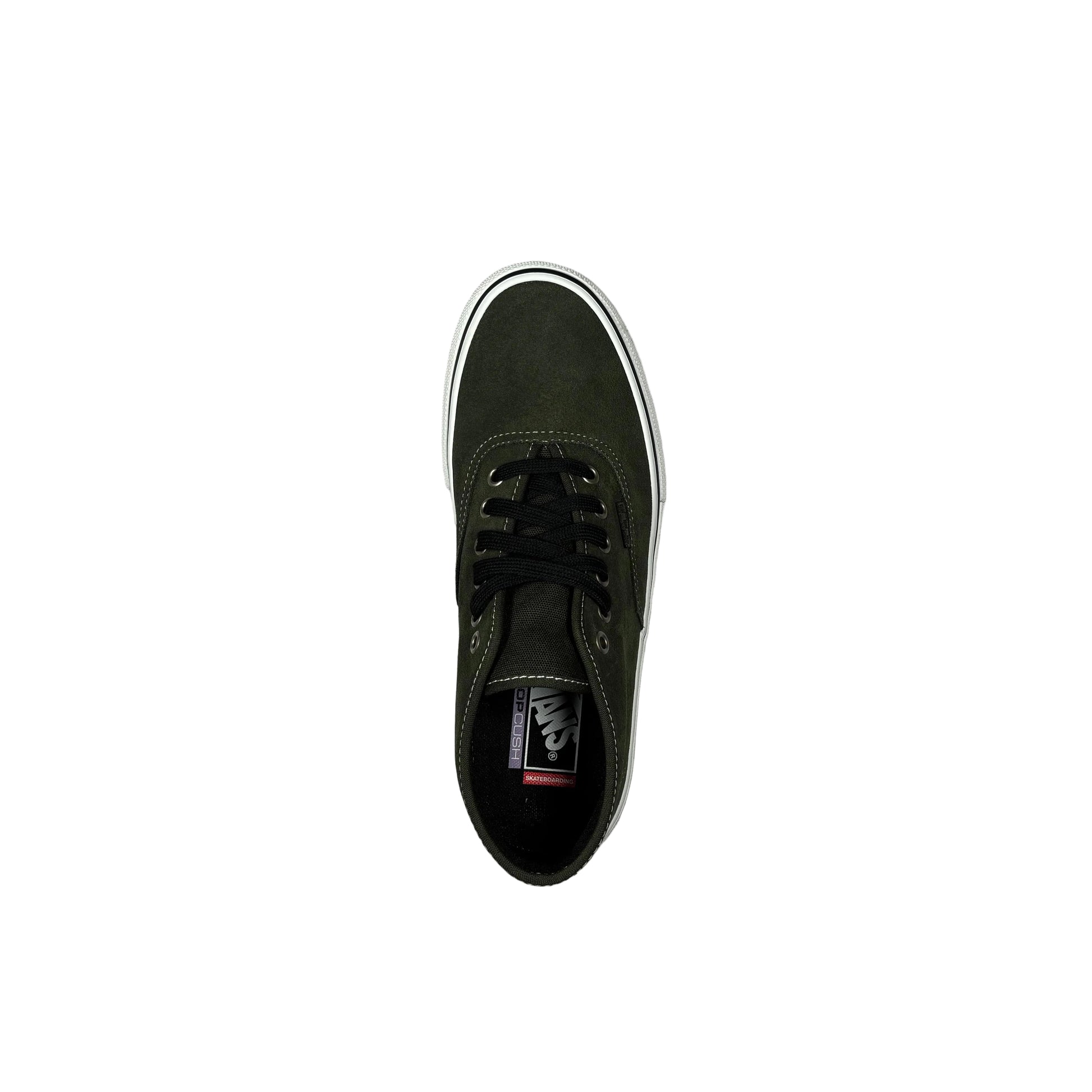An olive green suede mid-top sneaker with black laces and a white rubber sole, shown from a top-down perspective on a white surface.