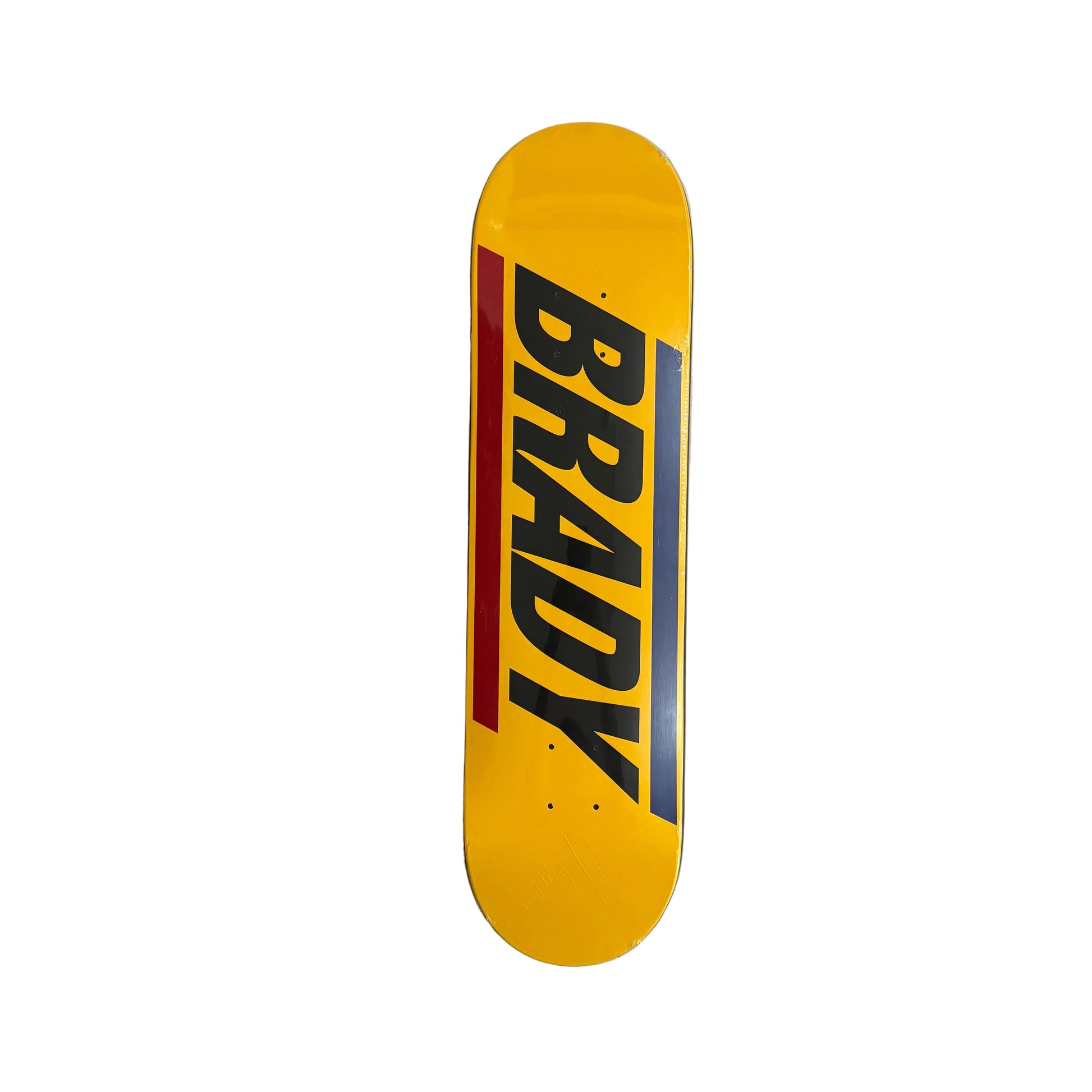 A yellow skateboard deck with the name 'BRADY' printed vertically in black, accented by red and blue stripes, shown flat on a white surface.