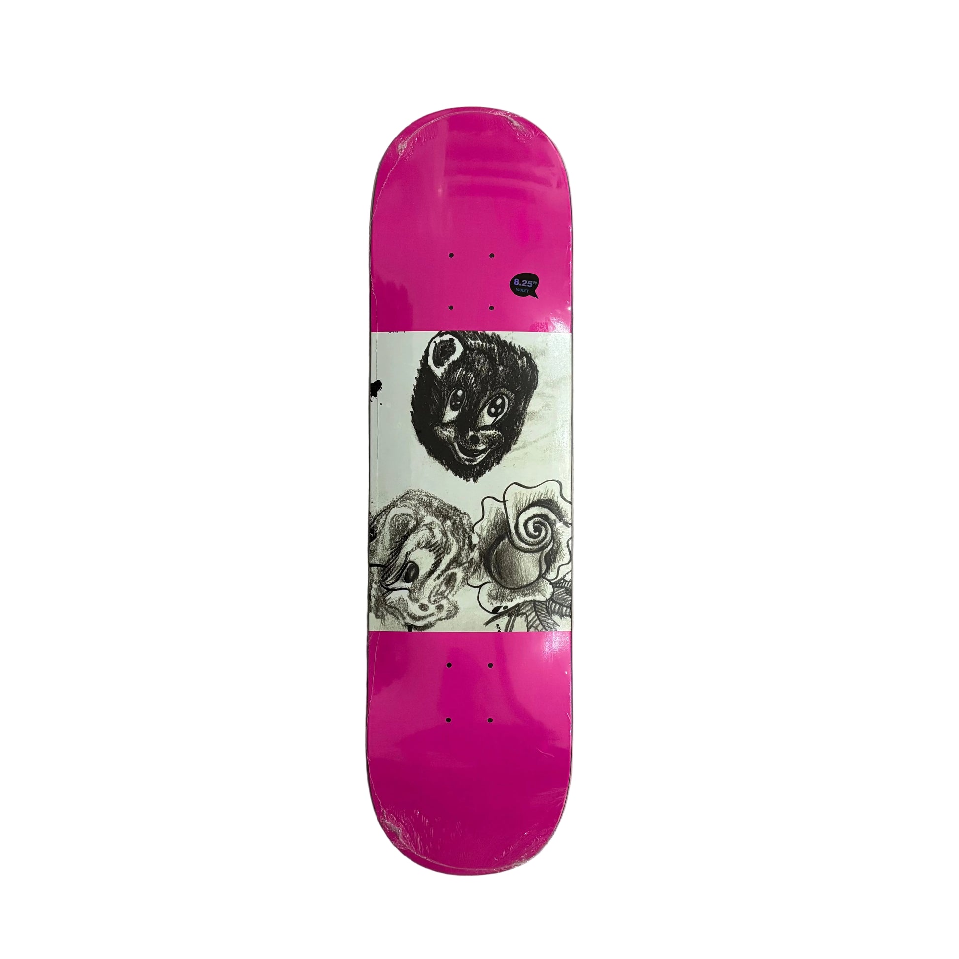 A skateboard deck with bright pink ends and a white center graphic featuring black illustrations of a bear face and roses, photographed from above on a white surface.
