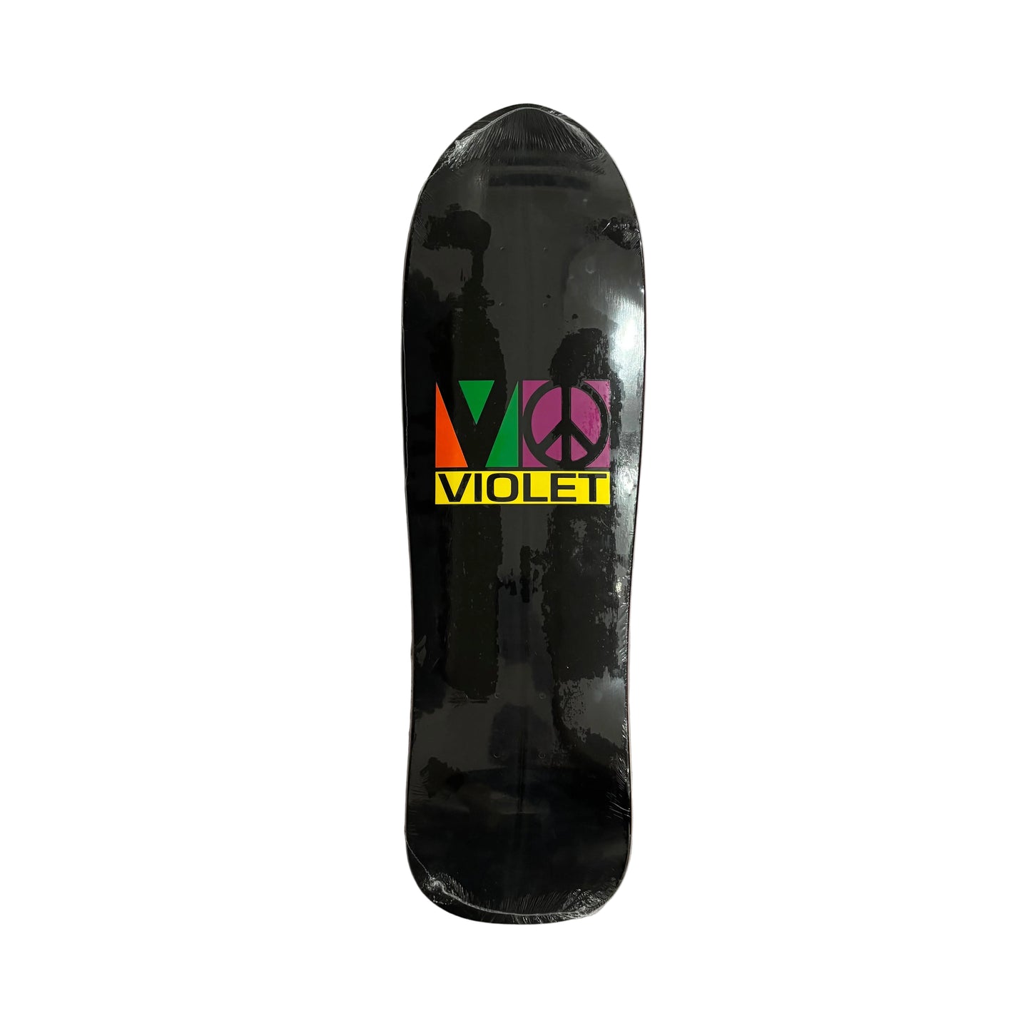 A black skateboard deck with a colorful 'Violet' peace sign logo, shown flat on a white surface.