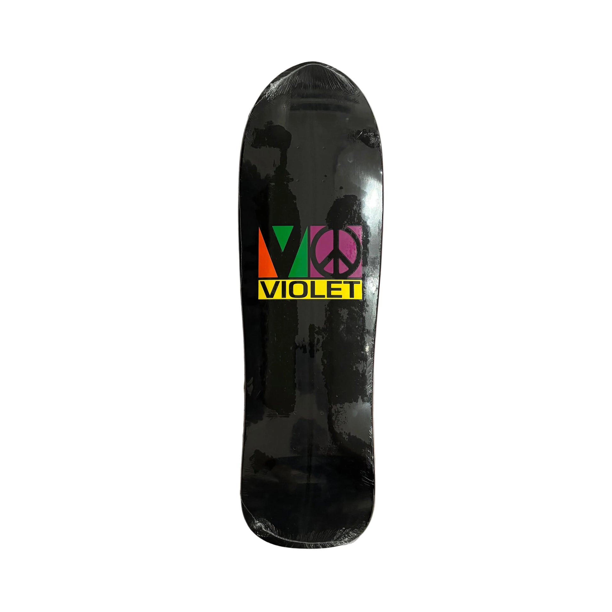 A black skateboard deck with a colorful 'Violet' peace sign logo, shown flat on a white surface.