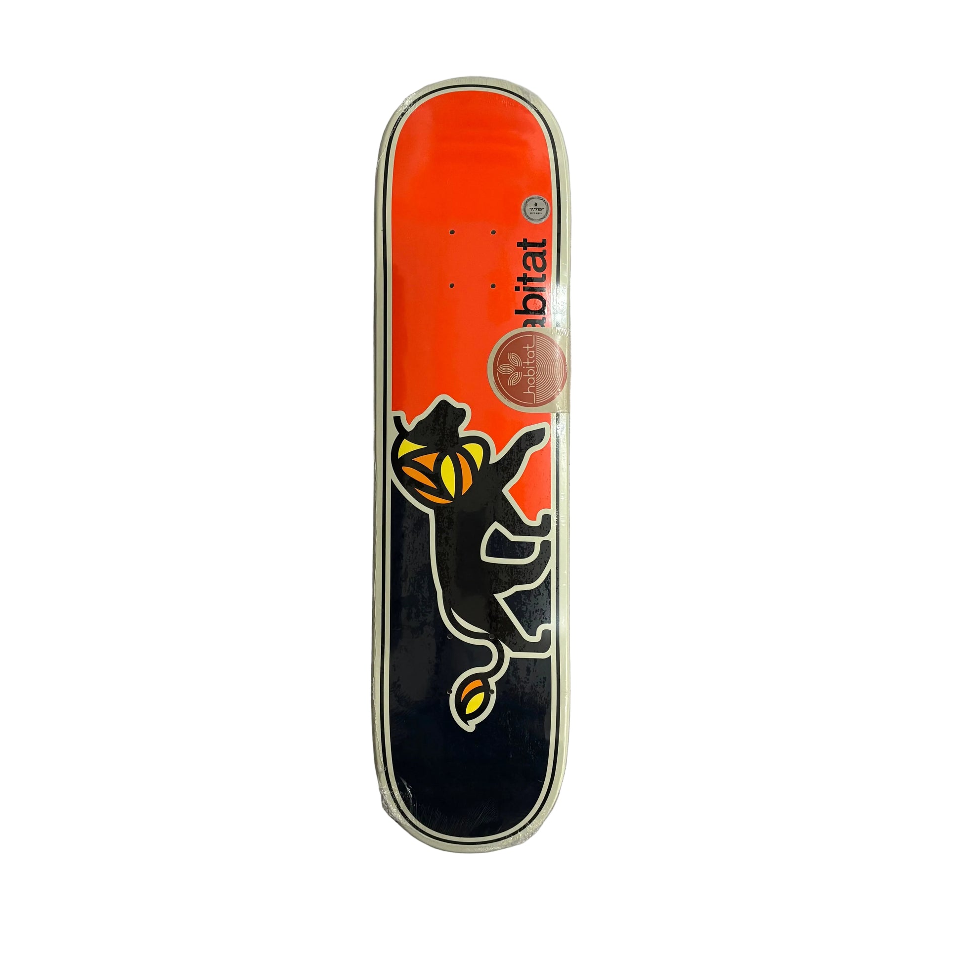 A skateboard deck featuring a vibrant orange and black split design with a black lion, displayed on a white background.