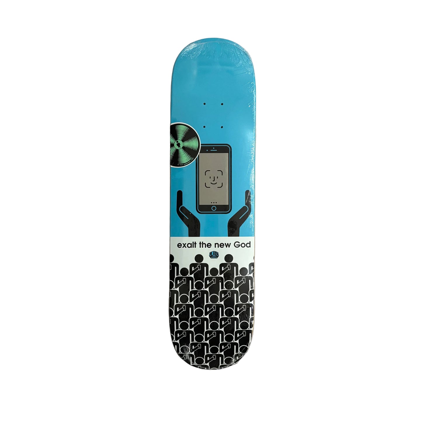 A skateboard deck with a graphic design, featuring a bright blue top half with a smartphone graphic and hands, and a black-and-white crowd pattern on the bottom half. The deck is displayed vertically on a white background.