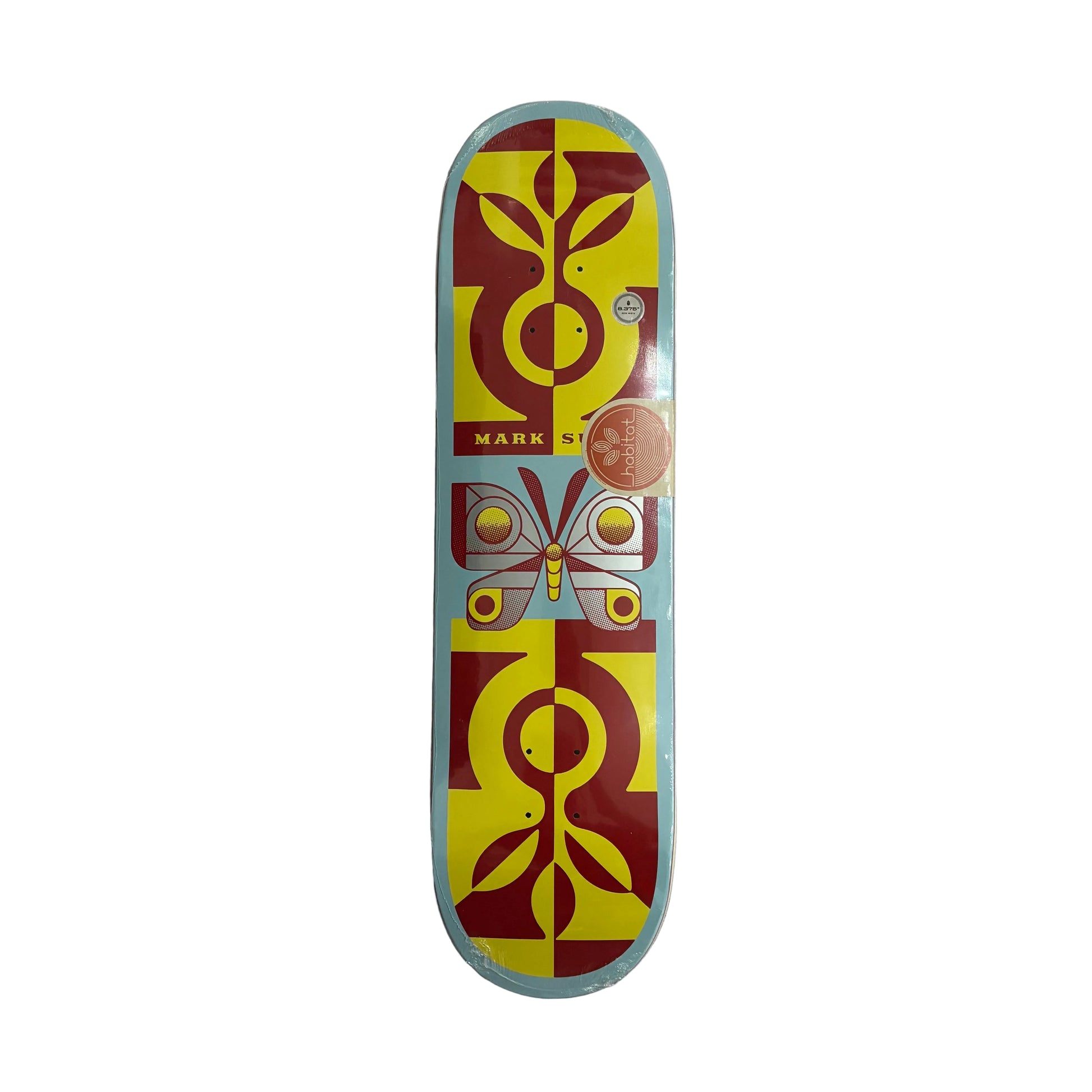 A skateboard deck with a bold graphic design featuring a yellow and dark red abstract pattern with a butterfly motif, bordered by a light blue edge, photographed from above on a white surface.