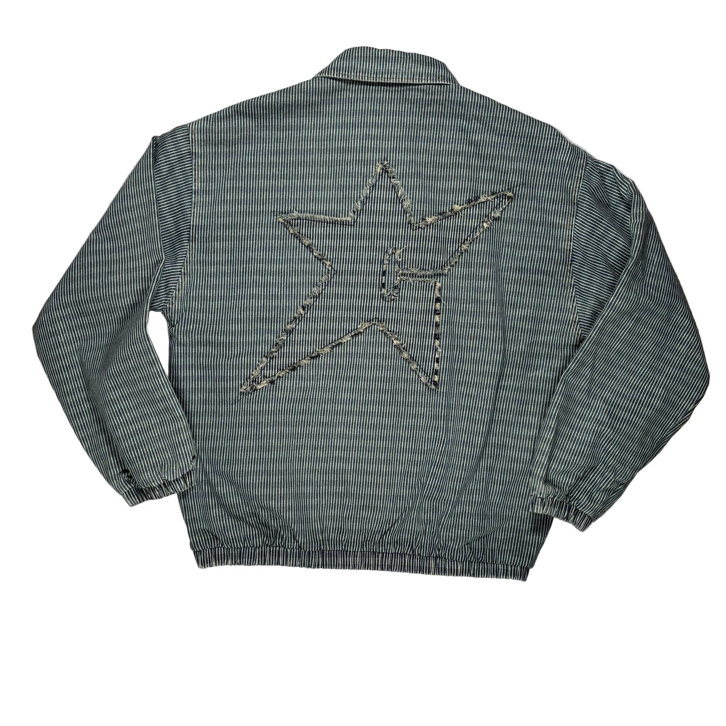 A gray and white pinstriped jacket shown from the back, featuring a large outlined star design on the back. The jacket is laid flat on a white surface.