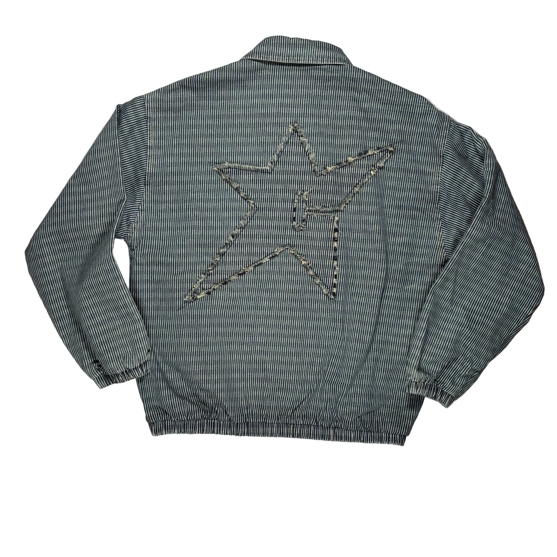A gray and white pinstriped jacket shown from the back, featuring a large outlined star design on the back. The jacket is laid flat on a white surface.