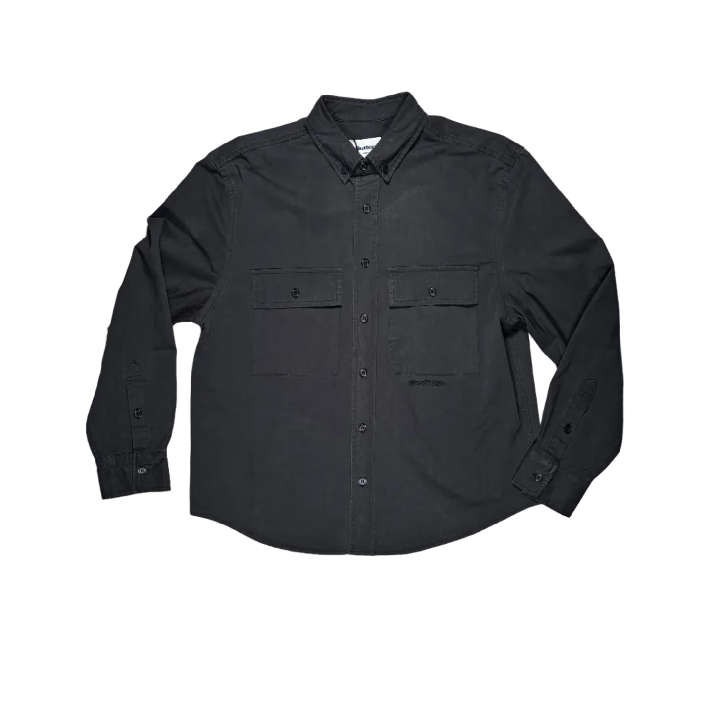 A navy long-sleeve button-up shirt laid flat on a white surface. The shirt features two front chest pockets, a button-down front.