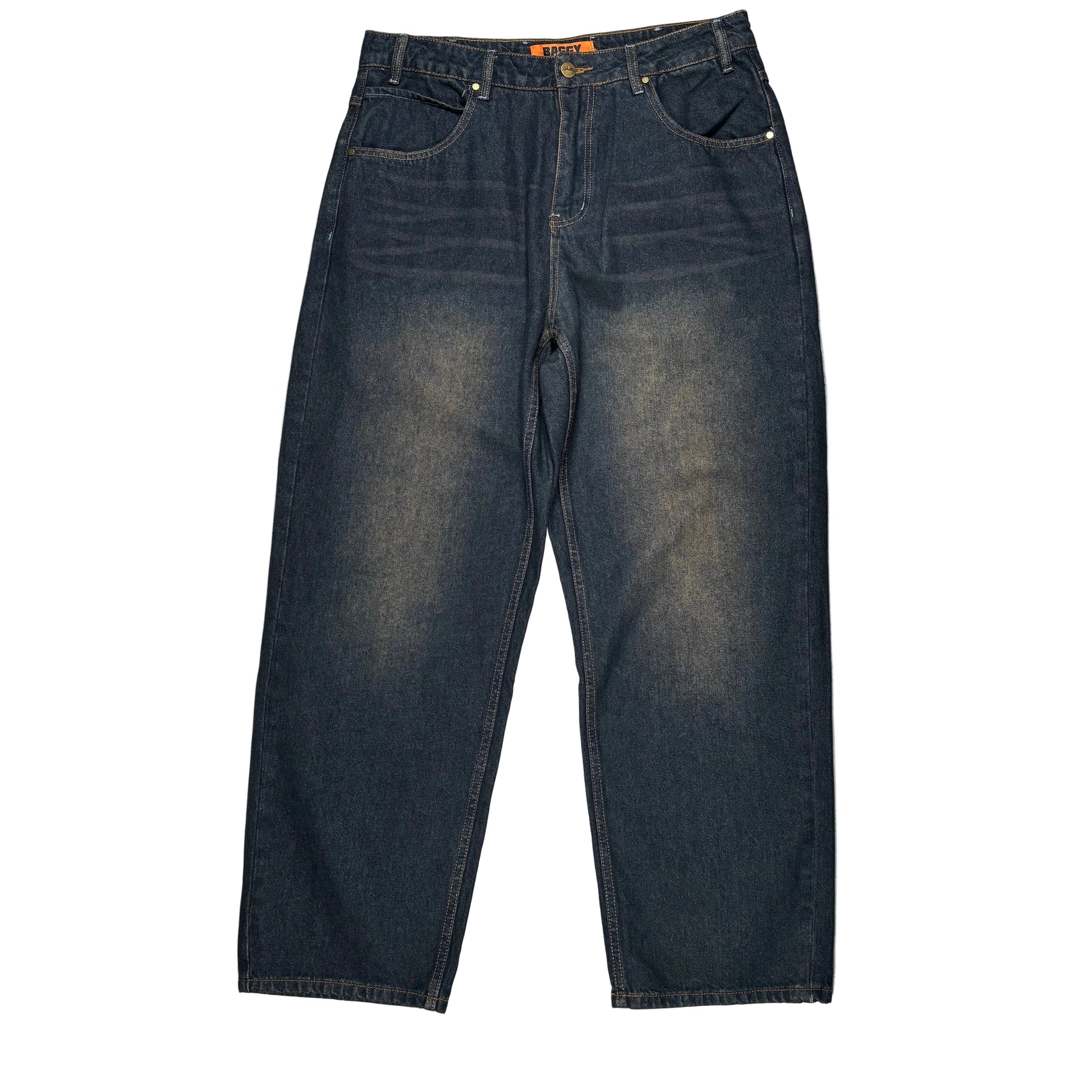 Dark wash blue denim jeans laid flat on a white surface.