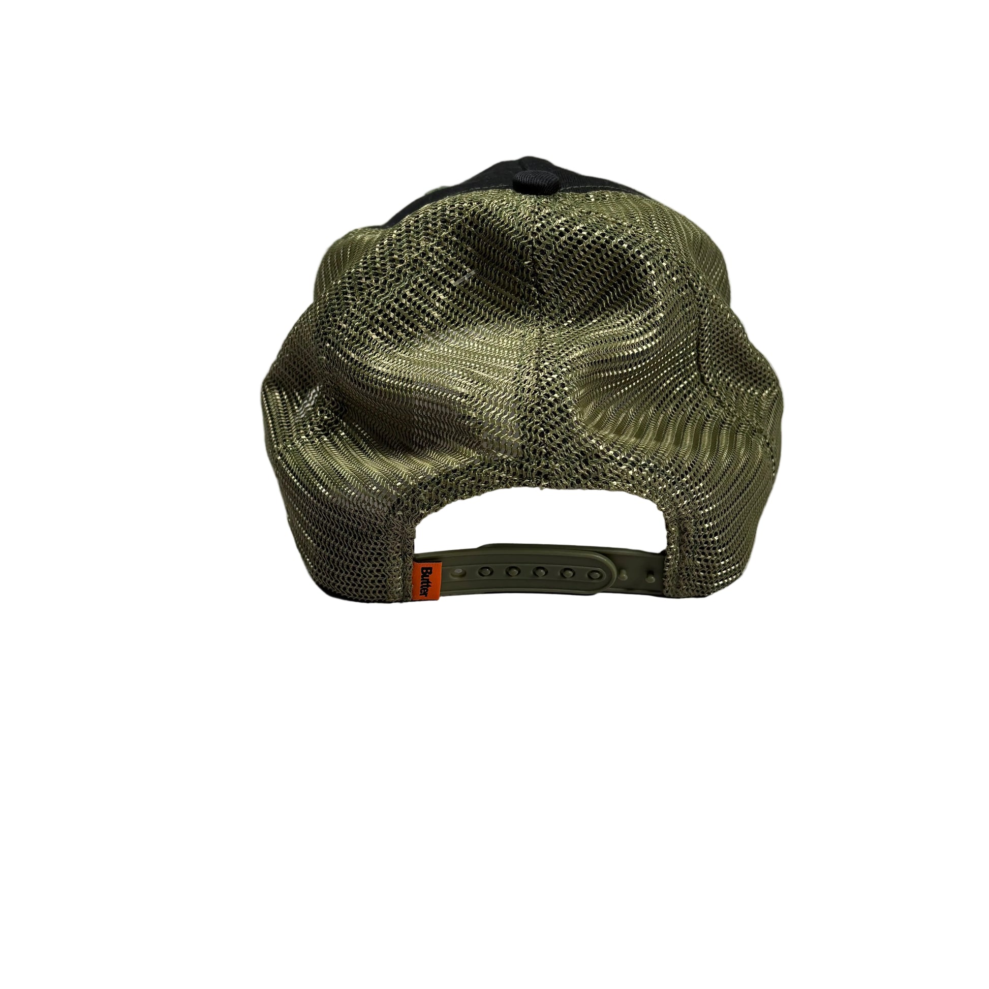 An olive green mesh trucker-style cap viewed from the back, resting on a white surface.