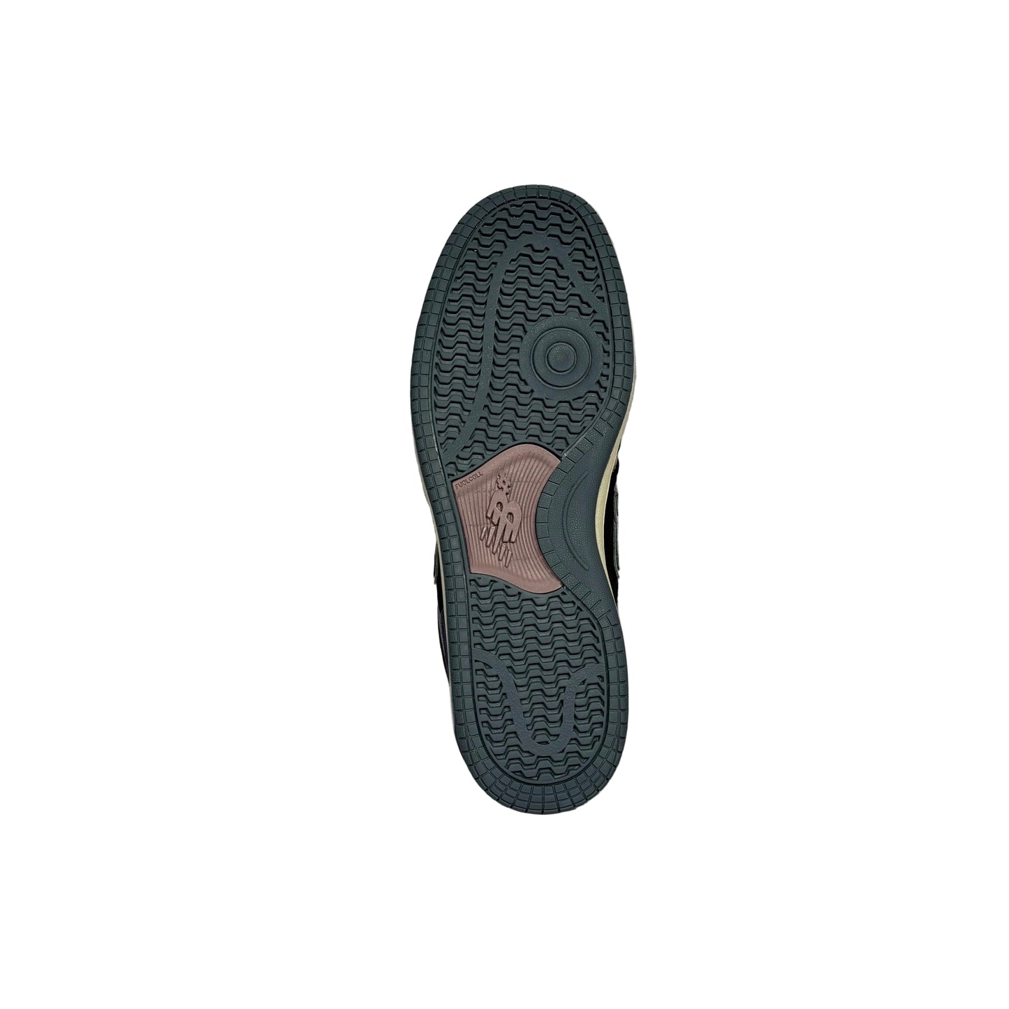 The outsole of a sneaker shown from a top-down view, featuring a dark gray treaded rubber with a dusty rose panel, set against a white background.