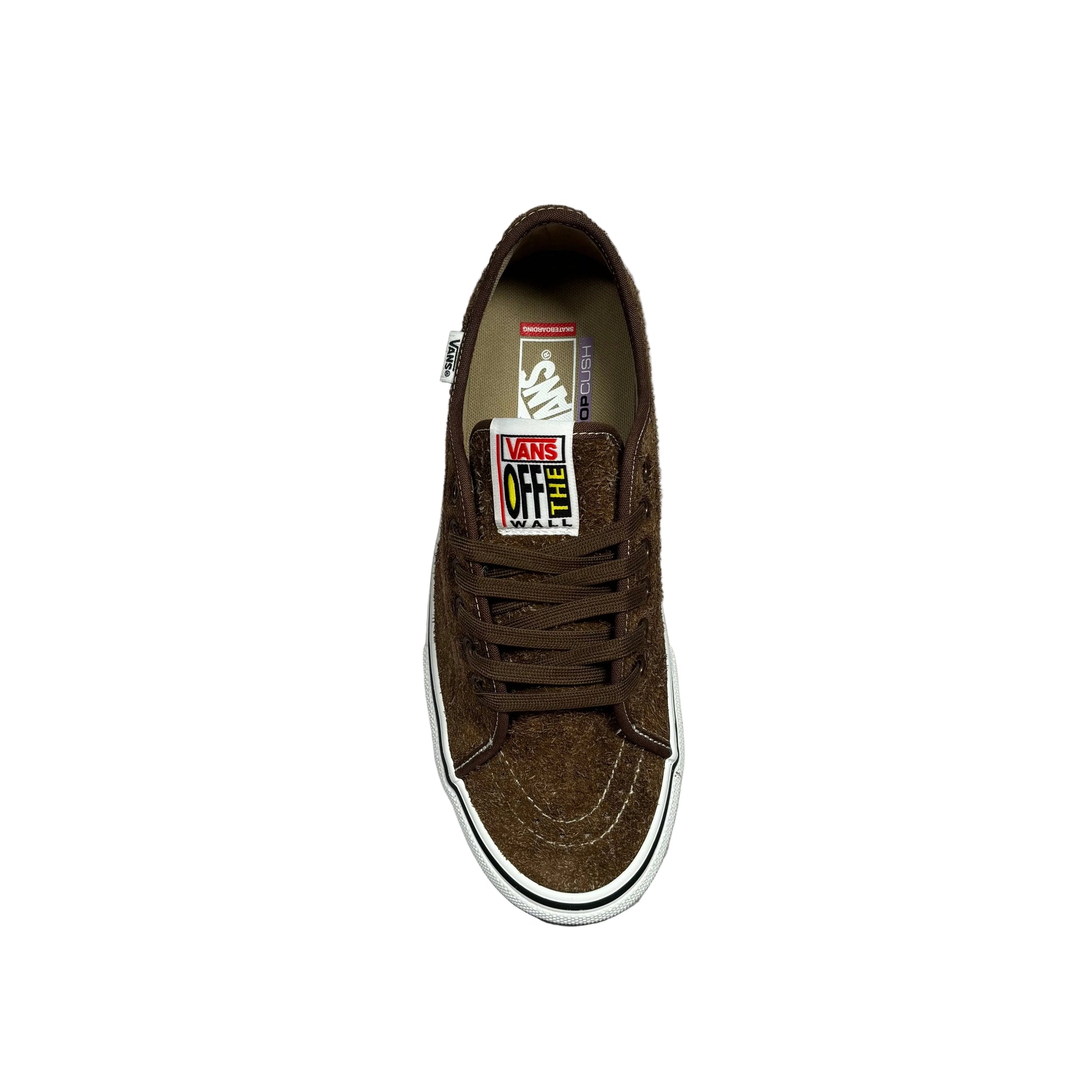 A single brown Vans  sneaker shown from a top-down view on a white background. The shoe features a brown suede upper, matching brown laces, a white rubber sole with a black stripe, and a prominent 'Vans Off-White' patch on the tongue.