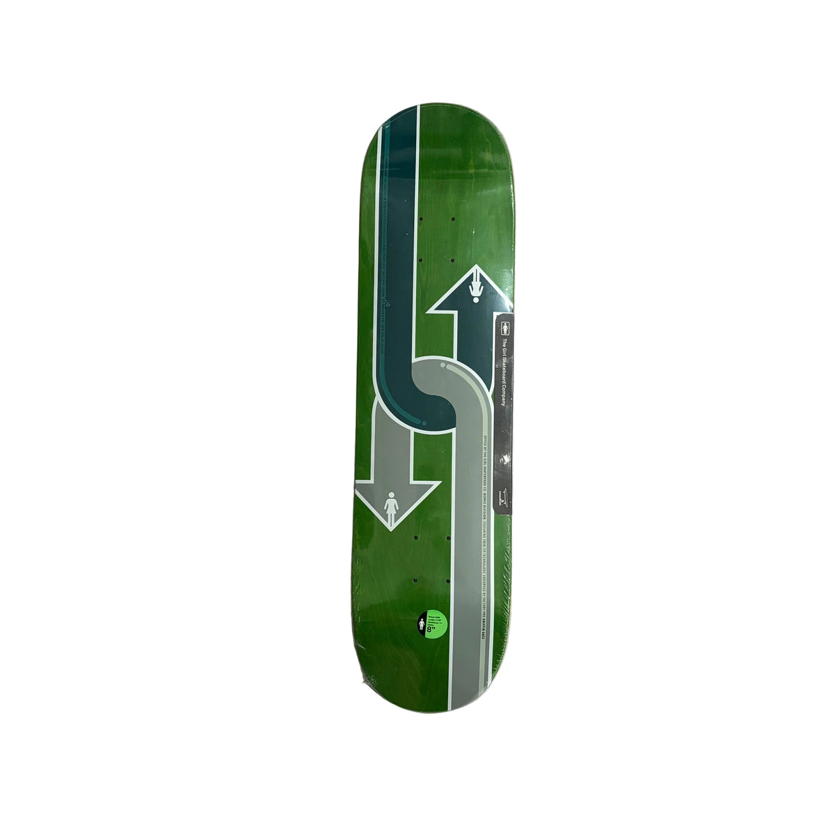 A green skateboard deck with a graphic featuring  dark green and grey arrows, and girl logos. Displayed vertically on a white surface.