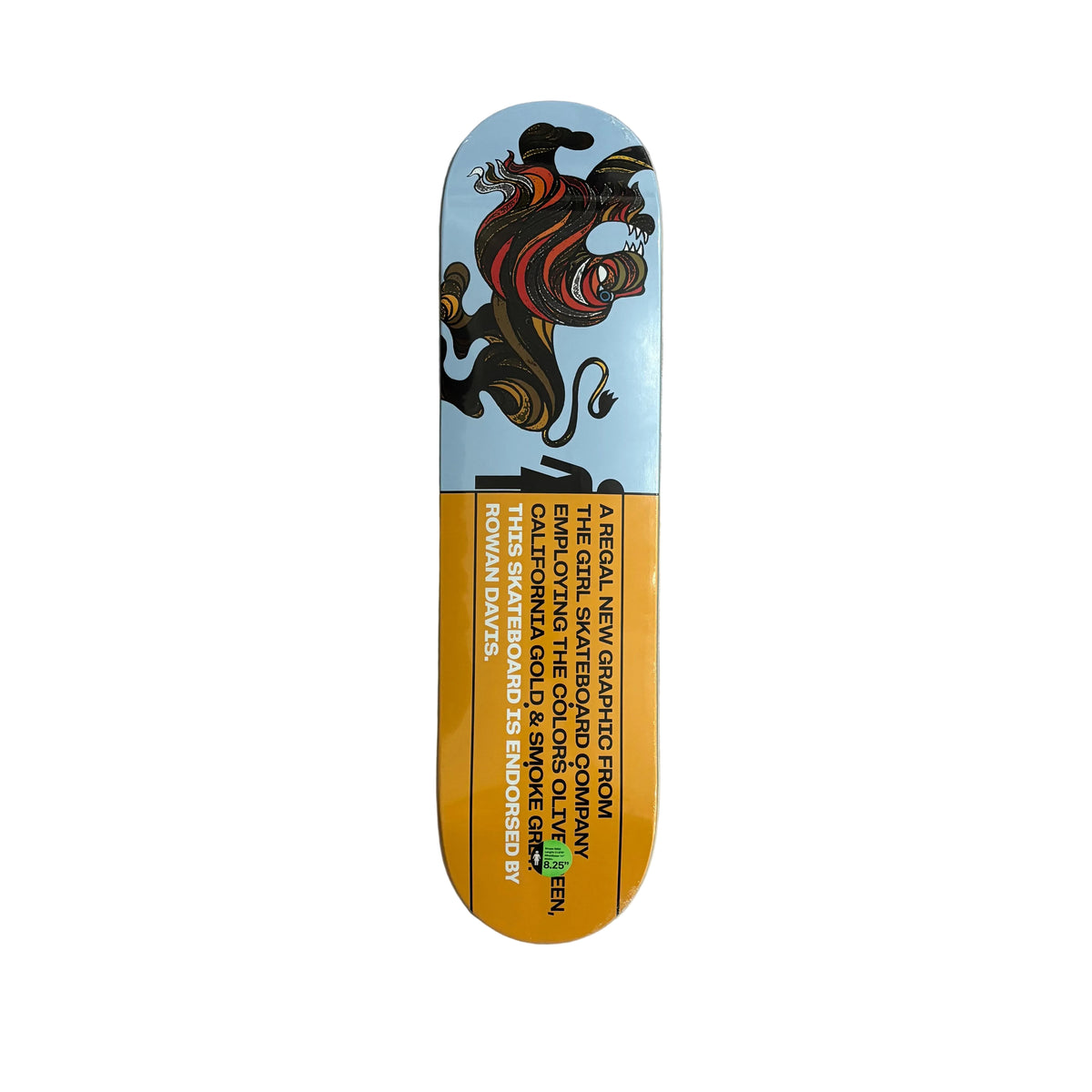 A skateboard deck featuring a graphic illustration of a black and red abstract lion on a light blue background, with a yellow section on the bottom half containing text. Displayed on a white background.