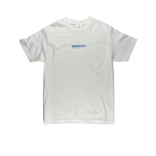 A white short-sleeve crewneck t-shirt with blue text reading '5BORO NYC.' on the chest, laid flat on a white surface.