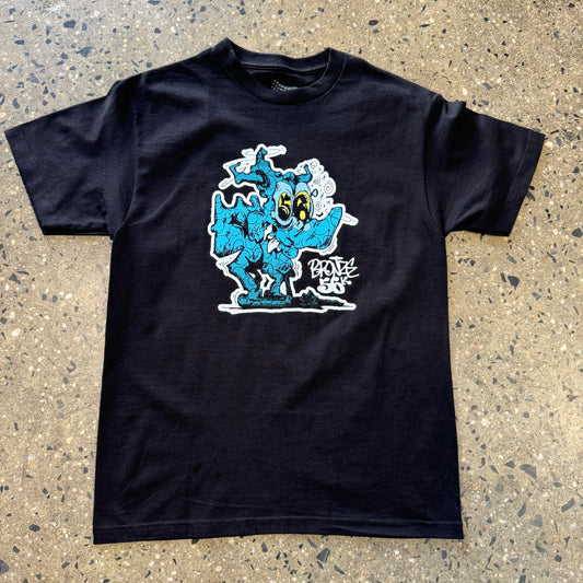 black t shirt with blue creature in the center