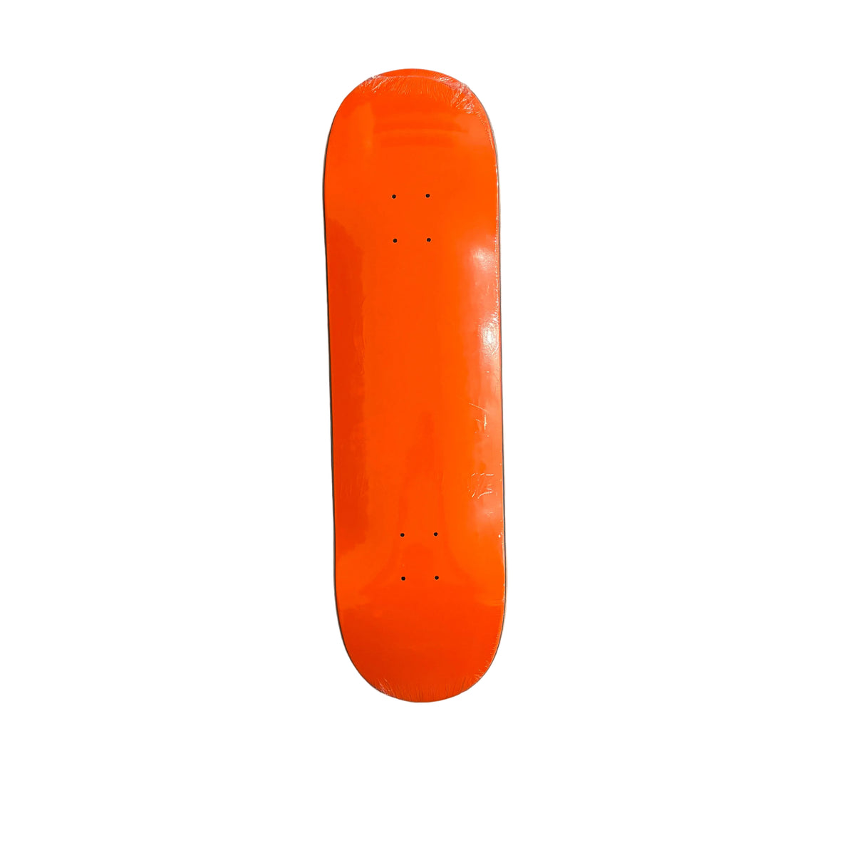A bright orange skateboard deck shown from above on a white surface.