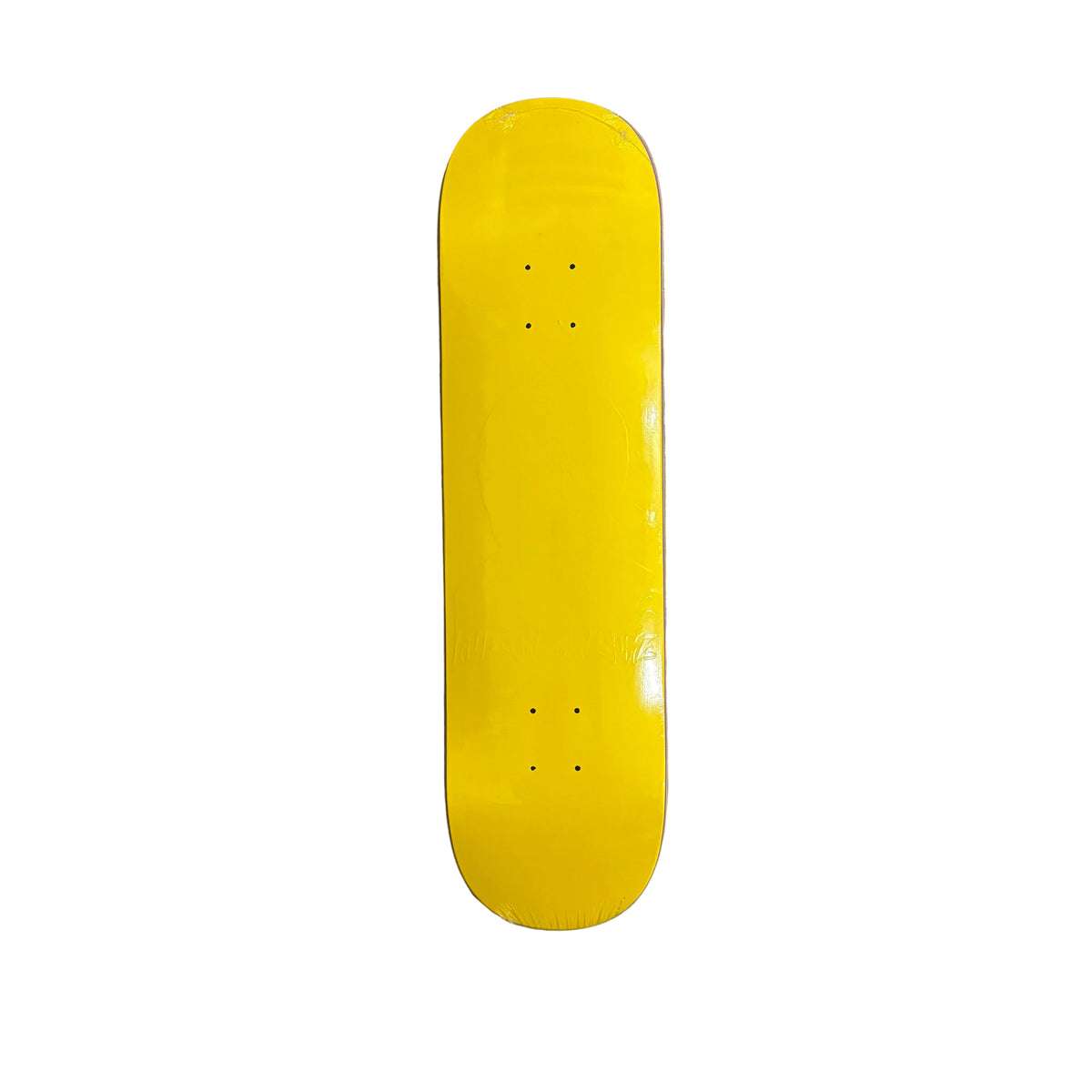 A bright yellow skateboard deck shown from a top-down view, resting on a white surface.