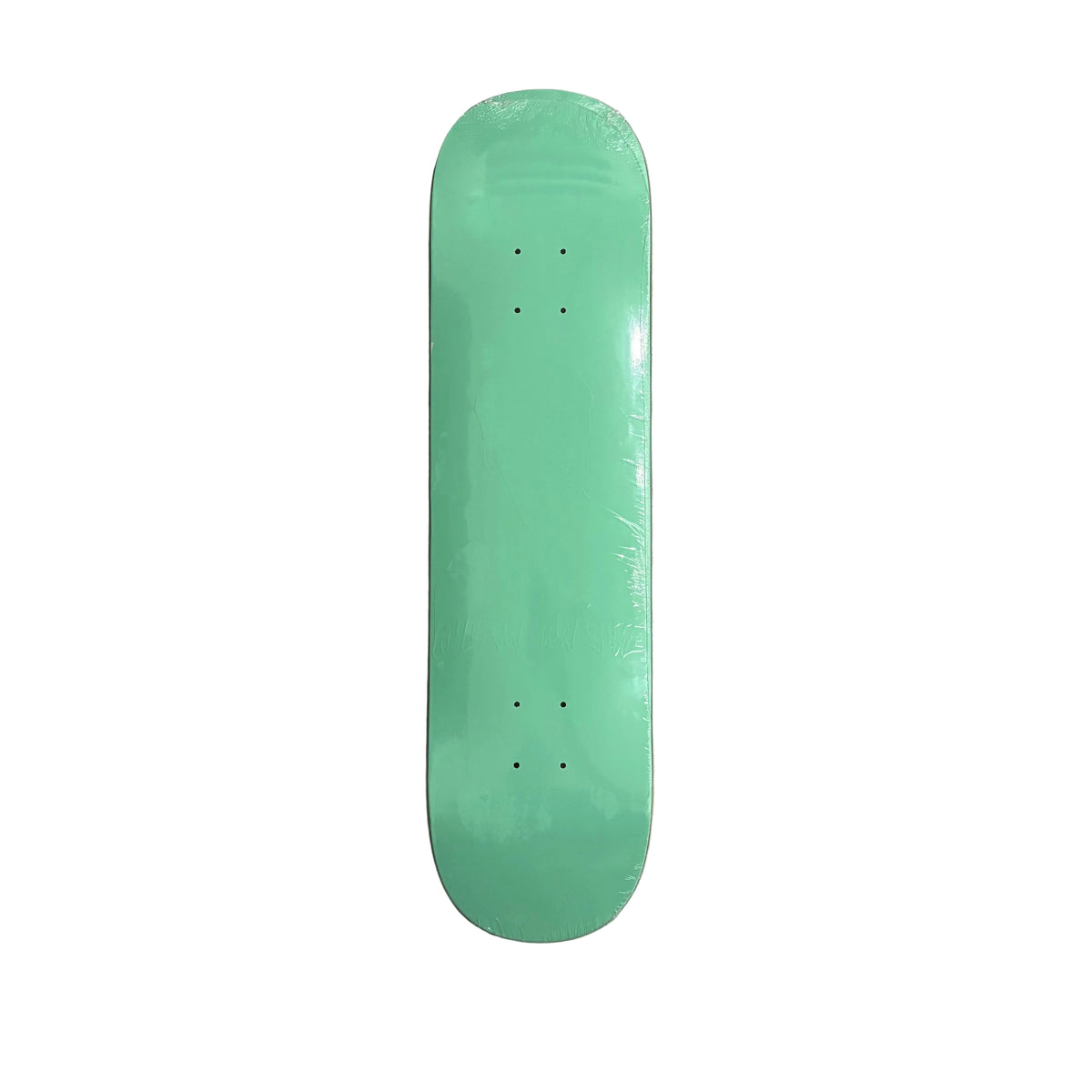 A mint green skateboard deck, still in its protective plastic wrapping, photographed from directly above on a white surface.
