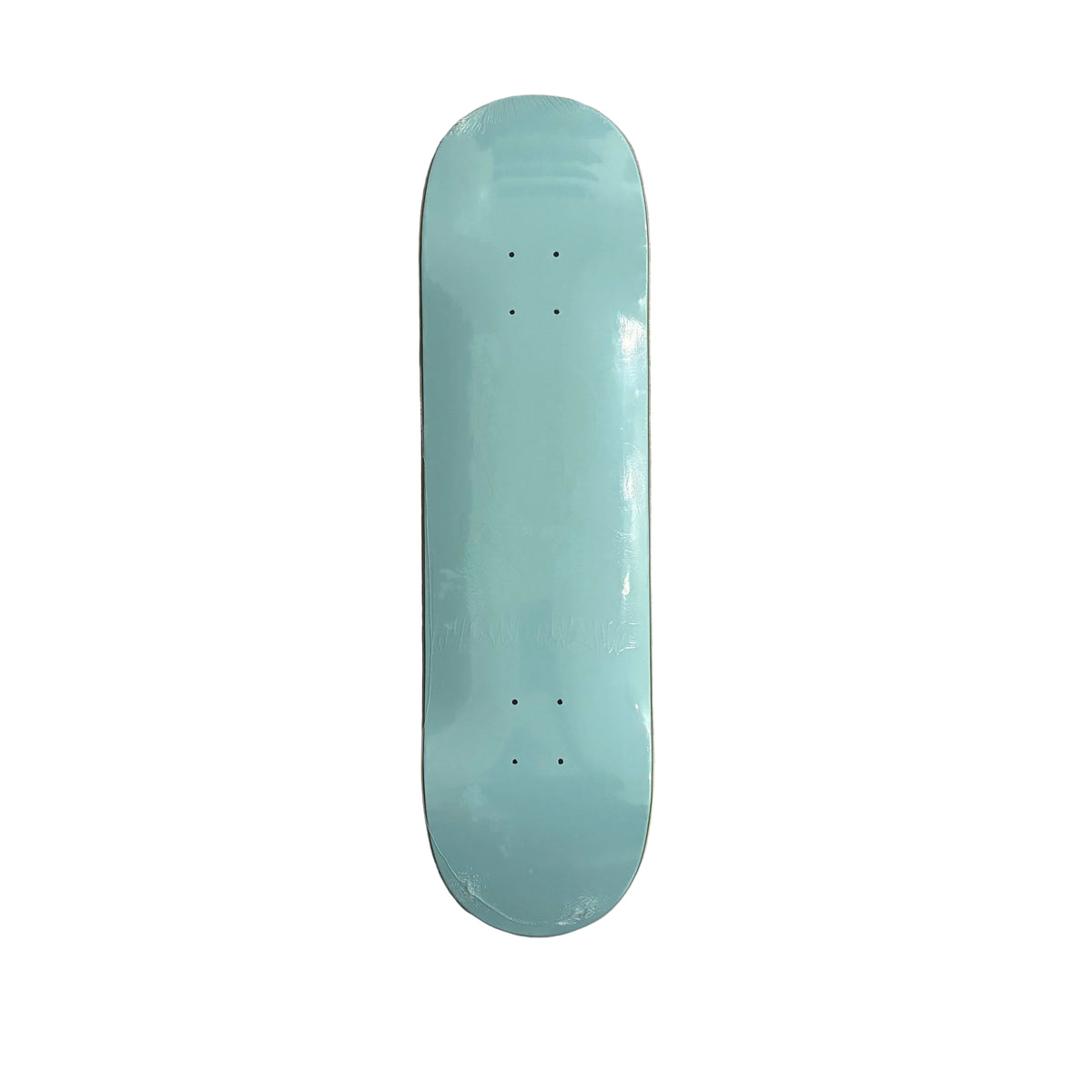 A light blue skateboard deck shown from a top-down view on a white surface.