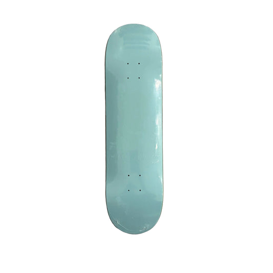 A light blue skateboard deck shown from a top-down view on a white surface.