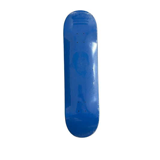 A blue skateboard deck , still in its protective plastic wrapping, displayed vertically on a white surface.