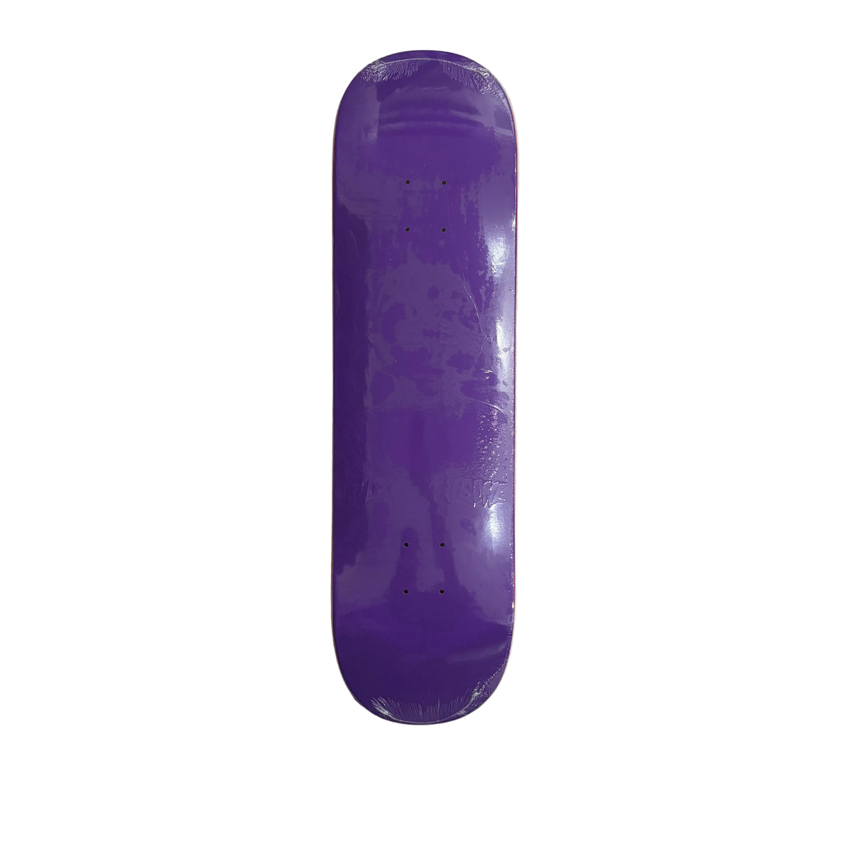 A purple skateboard deck with a glossy finish, photographed from directly above on a white surface.
