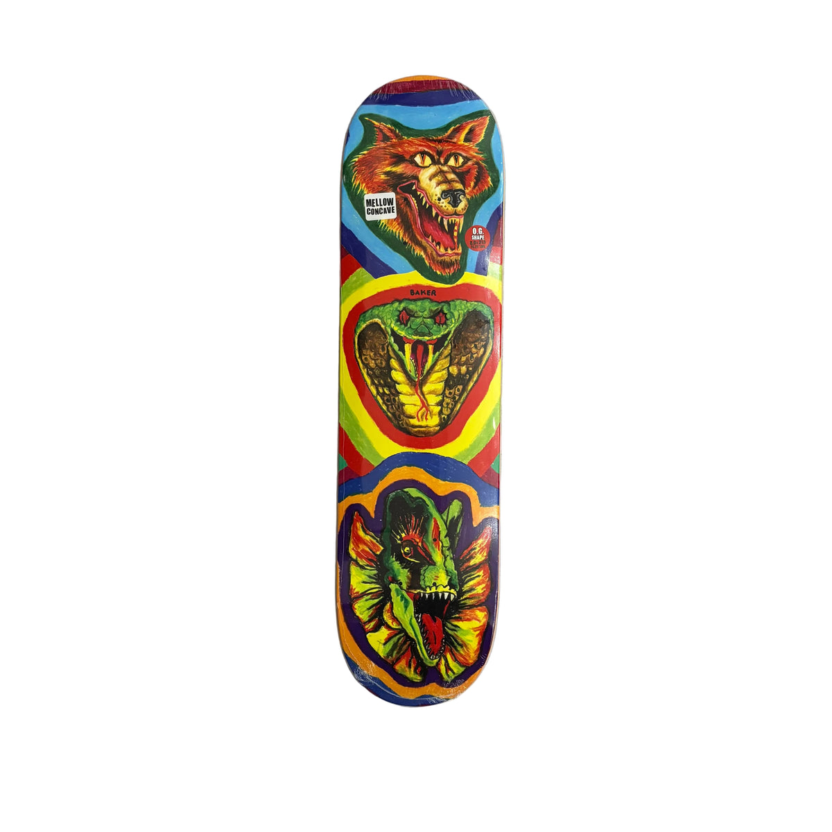 A skateboard deck with a vibrant, multicolor graphic design featuring three stacked animal head illustrations (a fox, a cobra, and a lizard) on a white surface.
