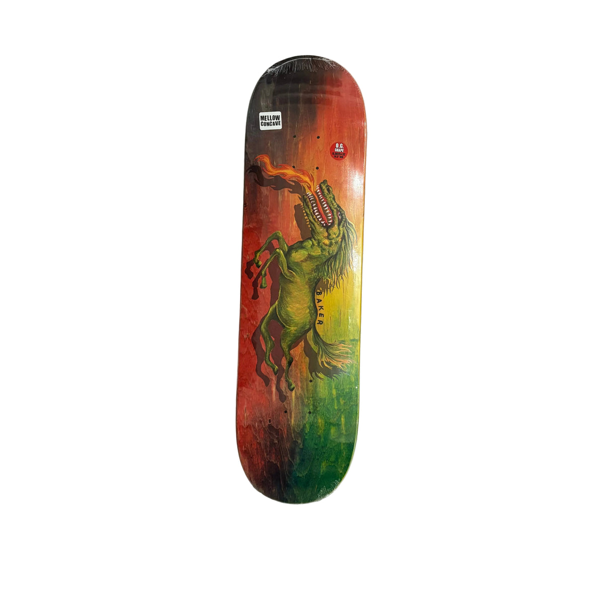 A skateboard deck featuring a graphic illustration of a green dinosaur/horse-like creature with a flaming mouth, set against a red-to-yellow-to-green gradient background. The deck is displayed on a white background.