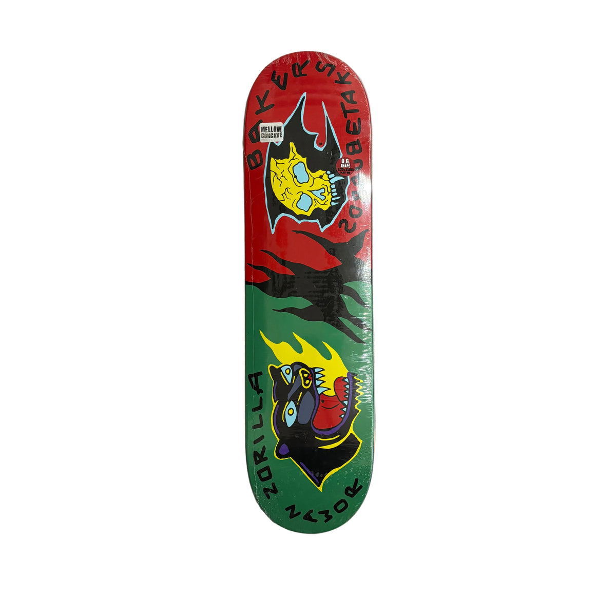 A skateboard deck with a red-to-green gradient design, featuring cartoon monster faces and black text reading 'Baker Boys' and 'Rowan Zorilla', photographed flat against a white background.